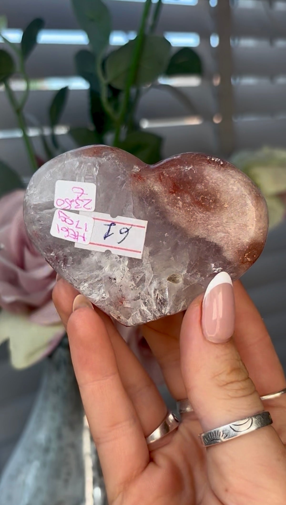 Gorgeous, pink amethyst heart- comes with stand