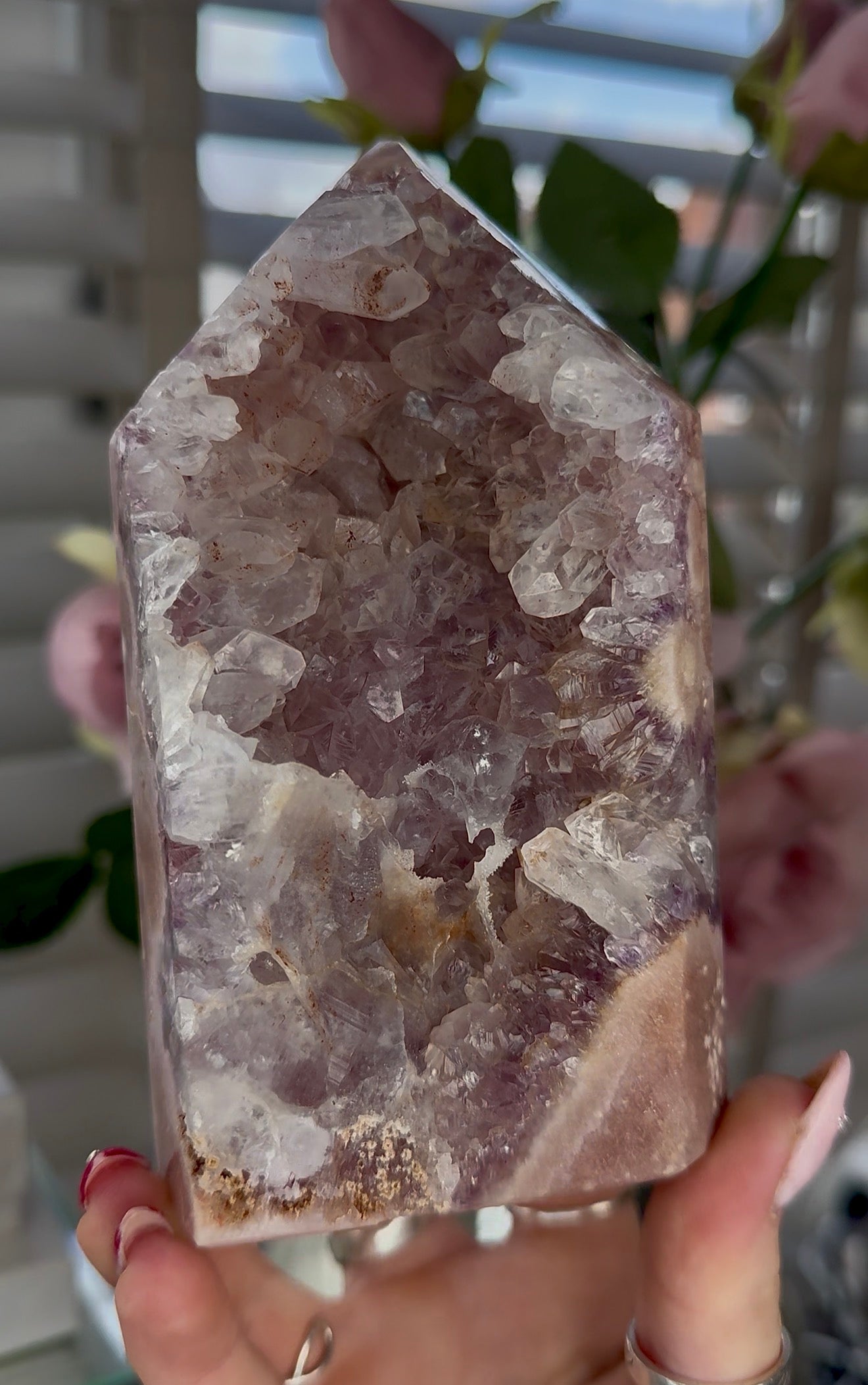 Pink amethyst tower with quartz 14cm(h) 7cm(w)