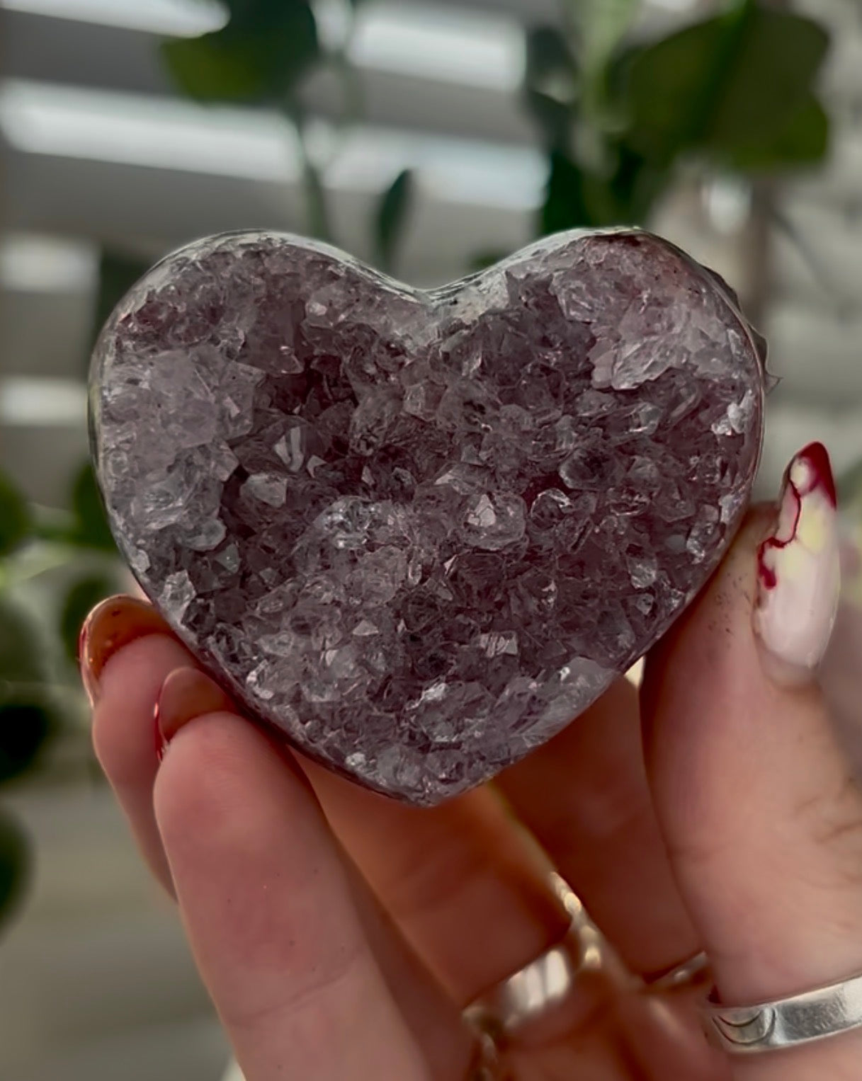 Mini, chunky, double sided, pink amethyst heart with purple quartz and jasper - comes with stand