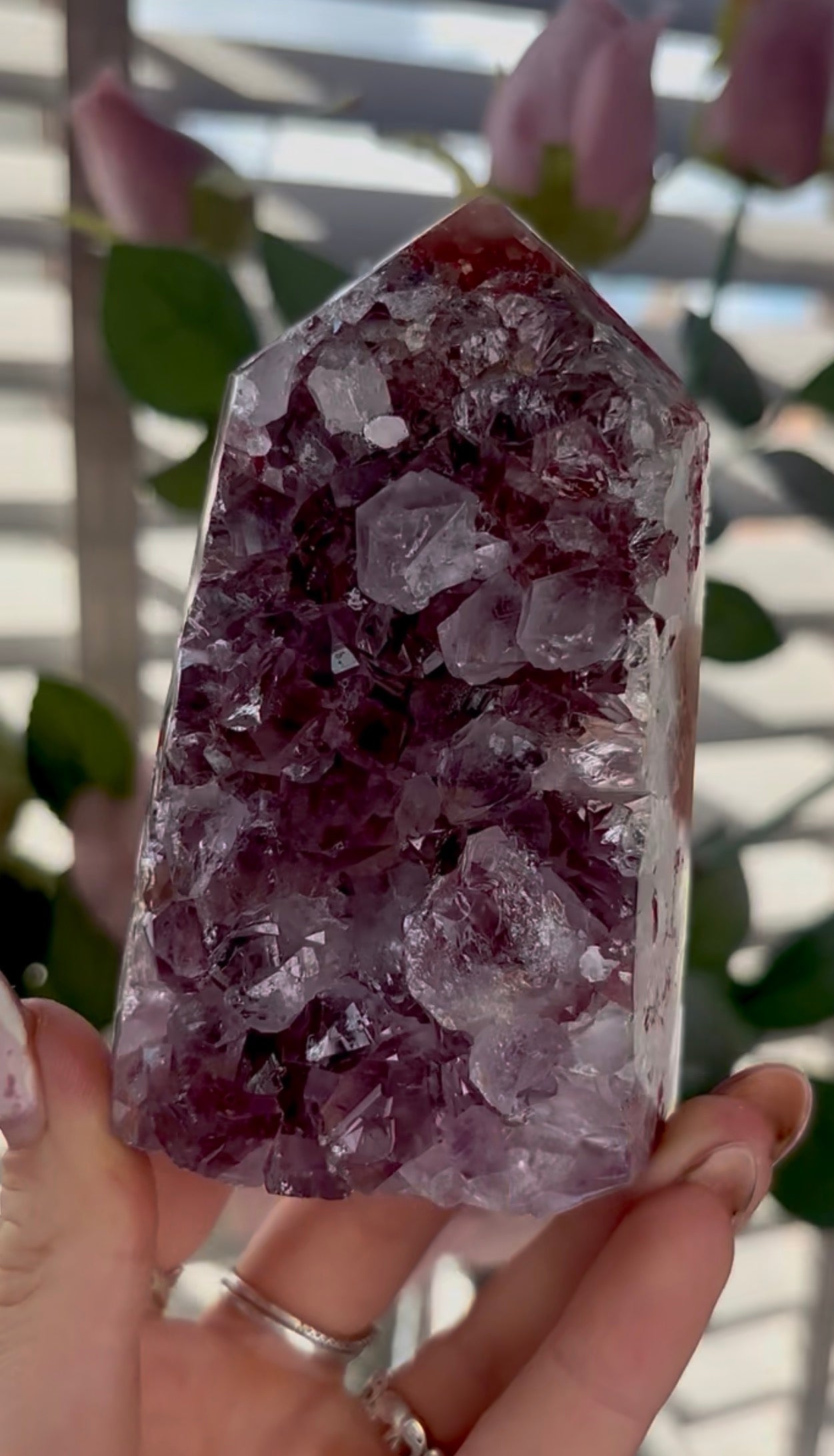 Beautiful, high quality, Pink amethyst tower with purple quartz & green jasper