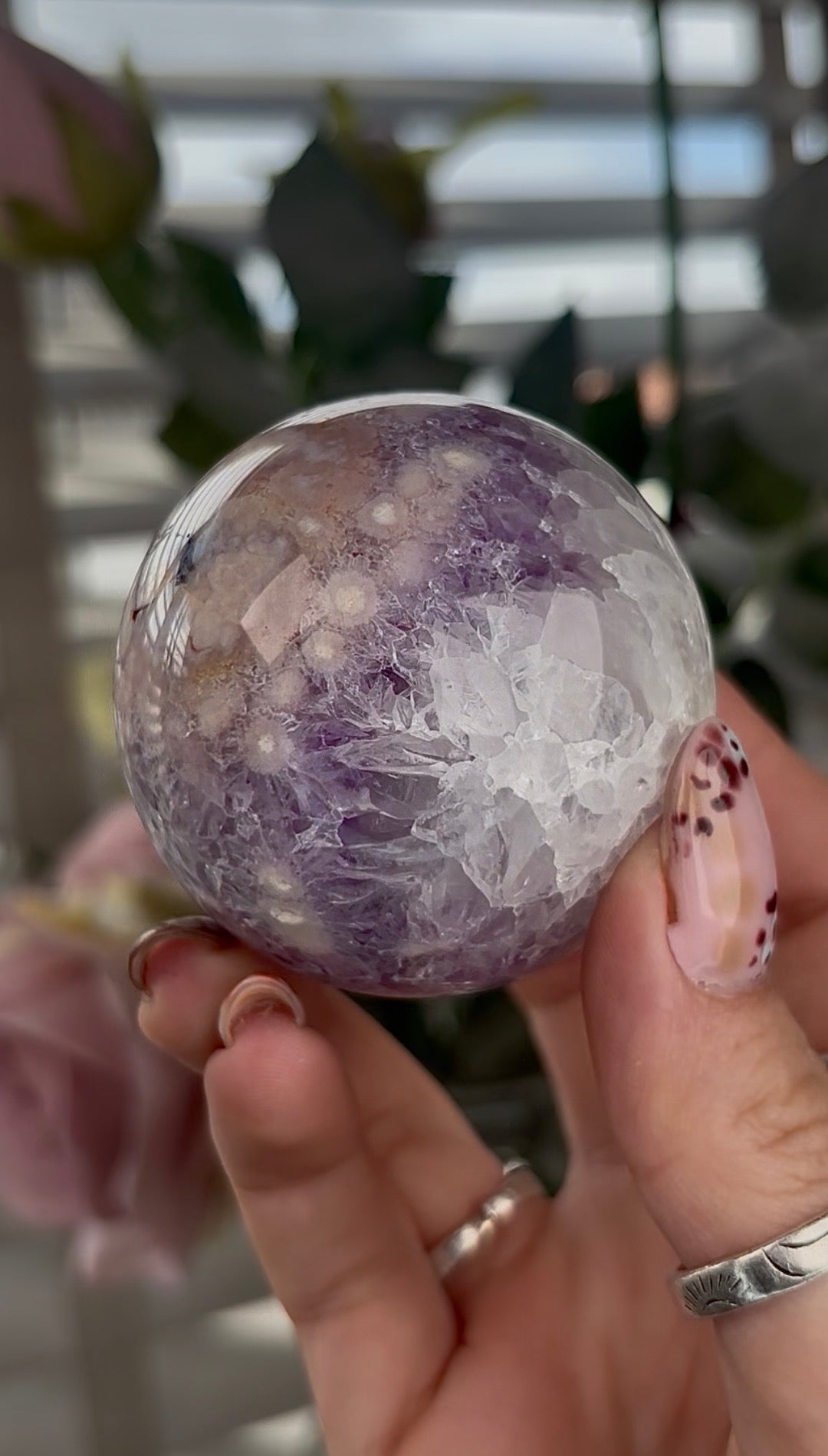 High grade, amethyst Flower agate sphere with druzy quartz- 5.5cm