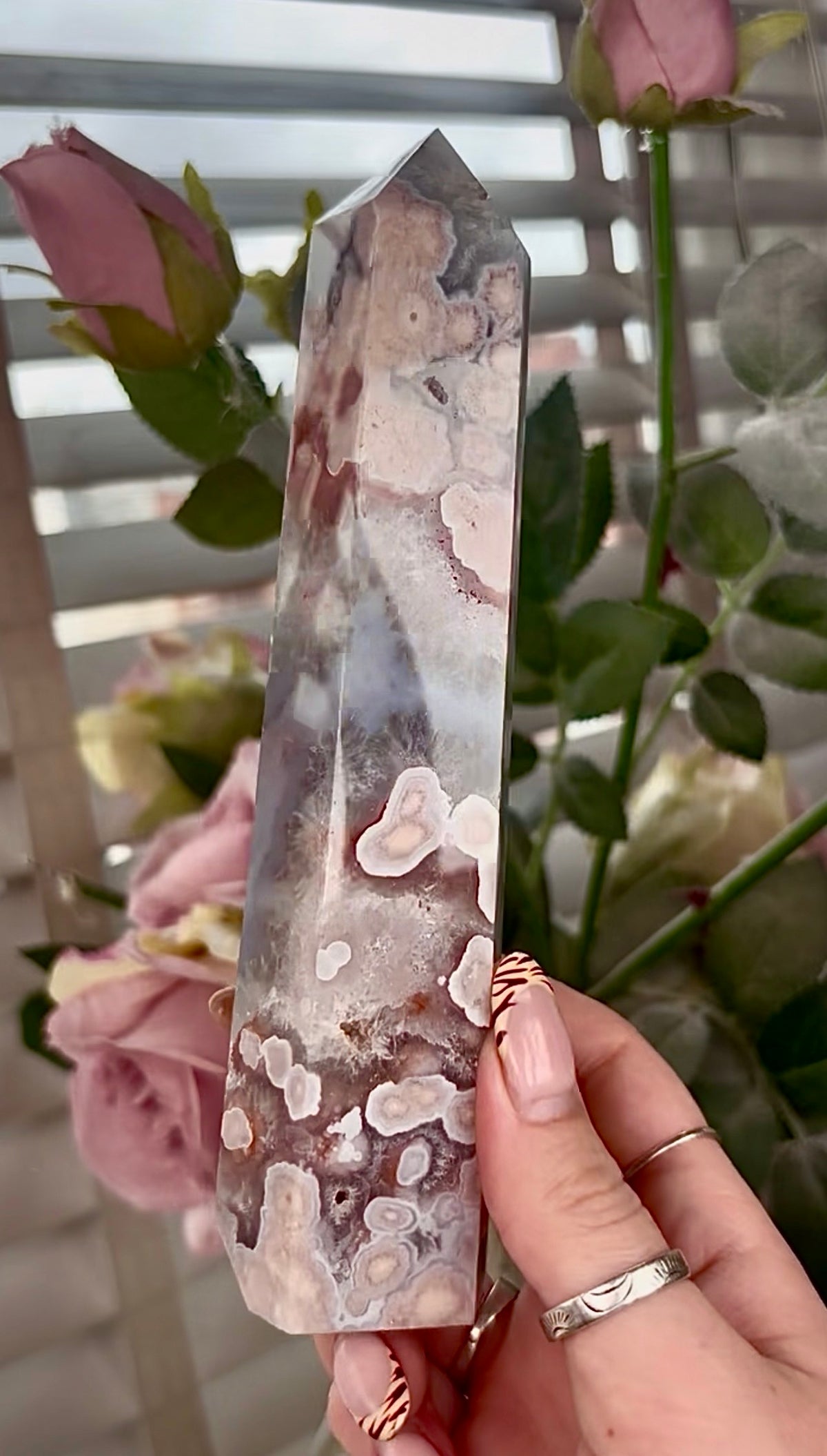 Stunning!! Super high quality, Druzy, green chlorite x blue flower agate tower