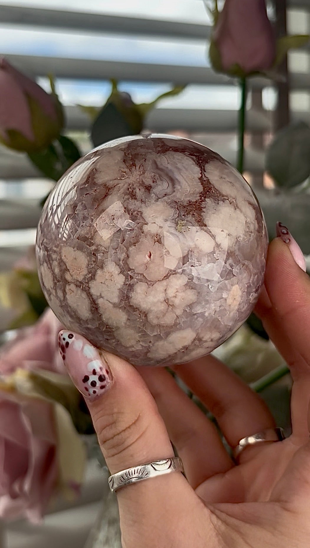 amethyst Flower agate sphere with high clarity quartz - 7.5cm