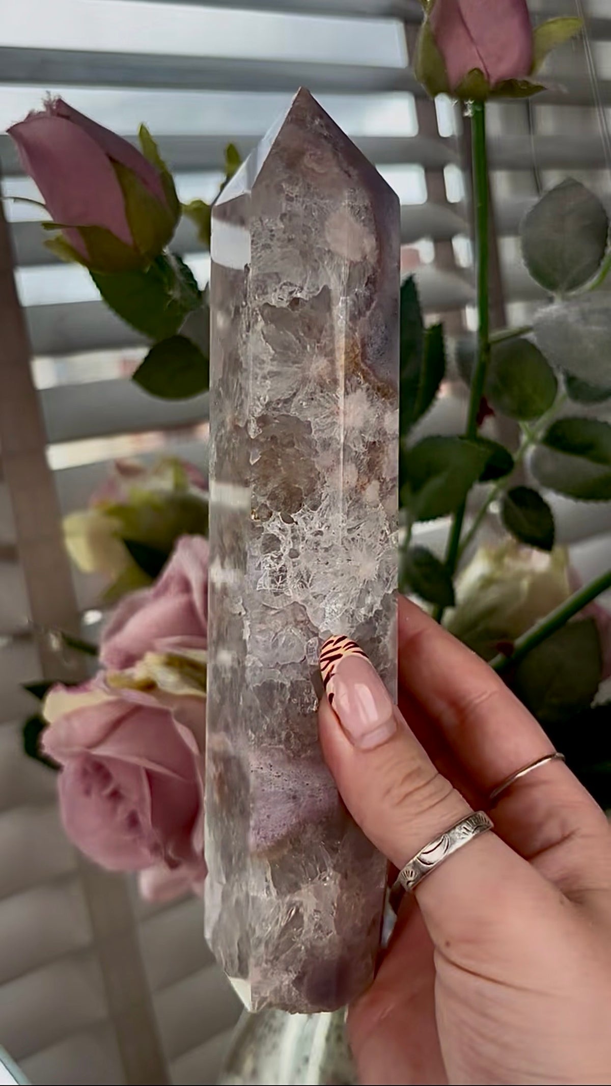 Stunning!! Super high quality, Druzy, green chlorite x blue flower agate tower