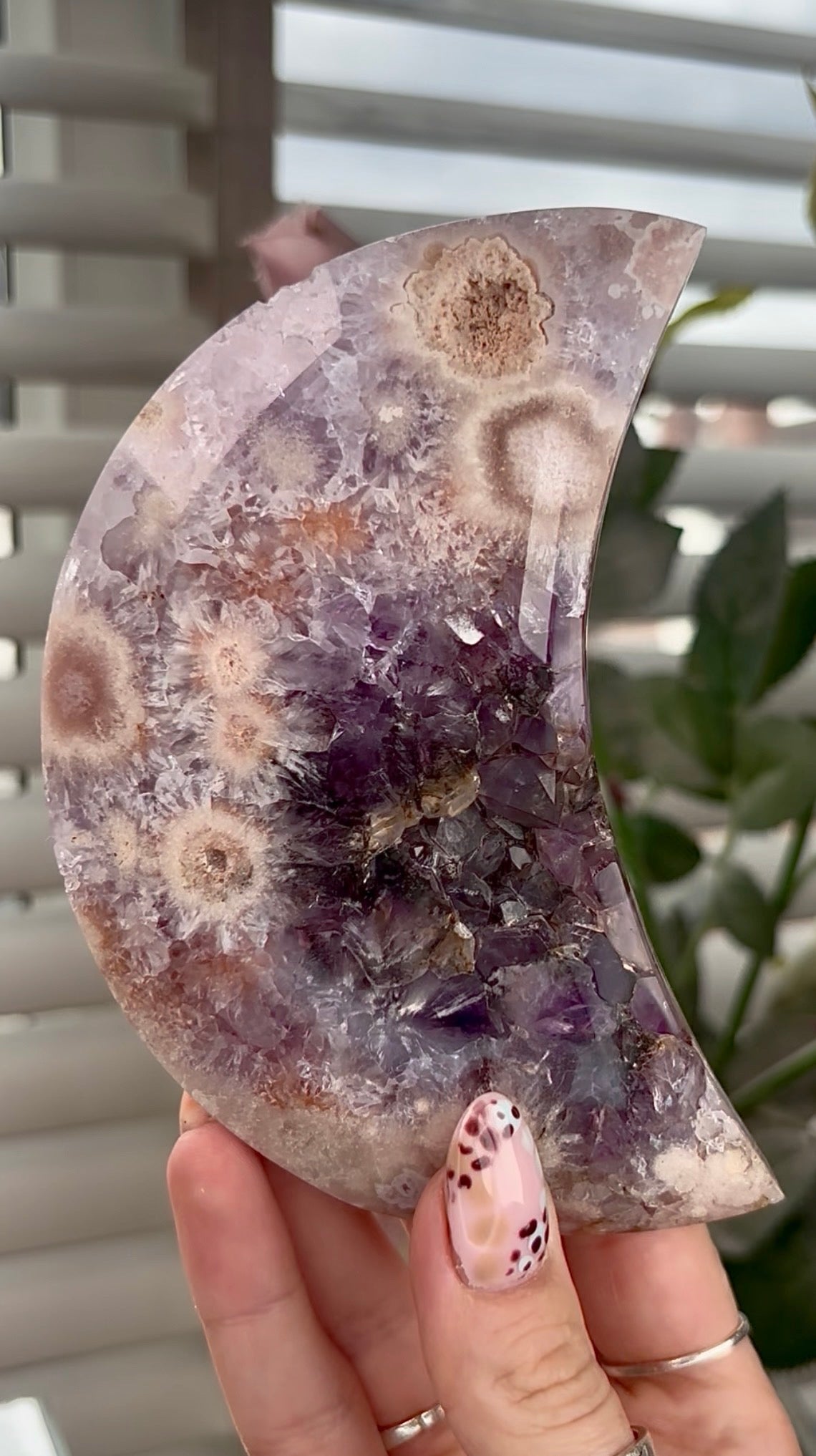 High grade, amethyst Flower agate moon with high clarity quartz