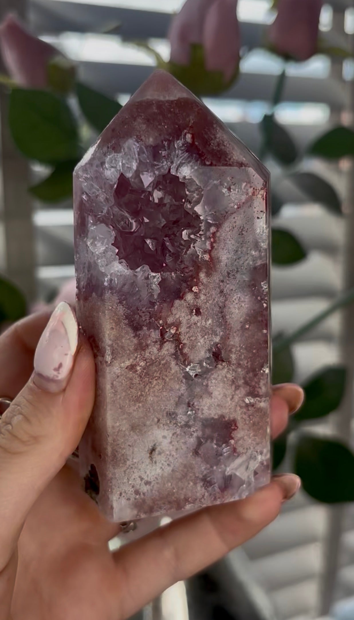 Beautiful, high quality, Pink amethyst tower with purple quartz