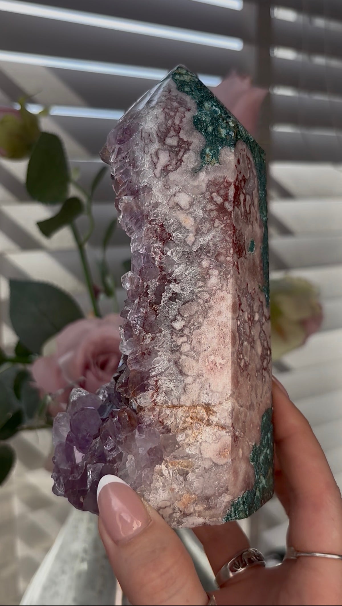 Beautiful, Pink amethyst tower with purple quartz teeth 17cm(h) by 7cm(w)