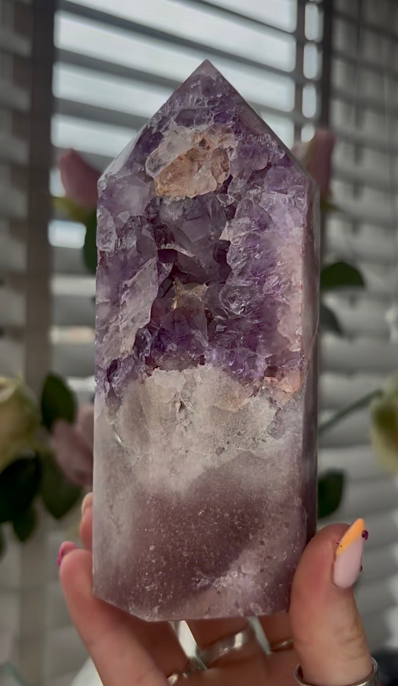 High quality, Pink amethyst tower, with purple quartz druzy