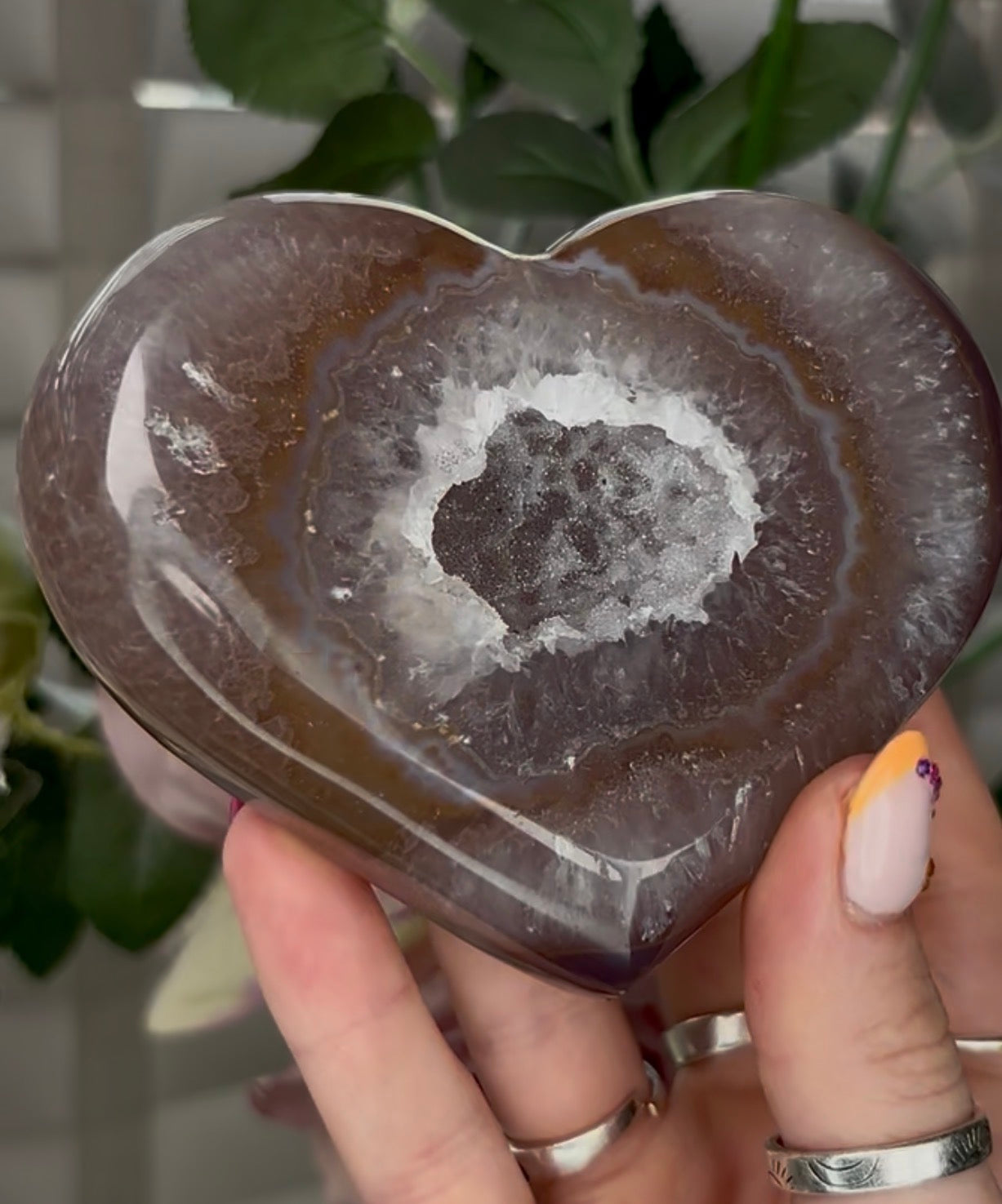 Beautiful, high grade, agate heart with druzy - comes with stand