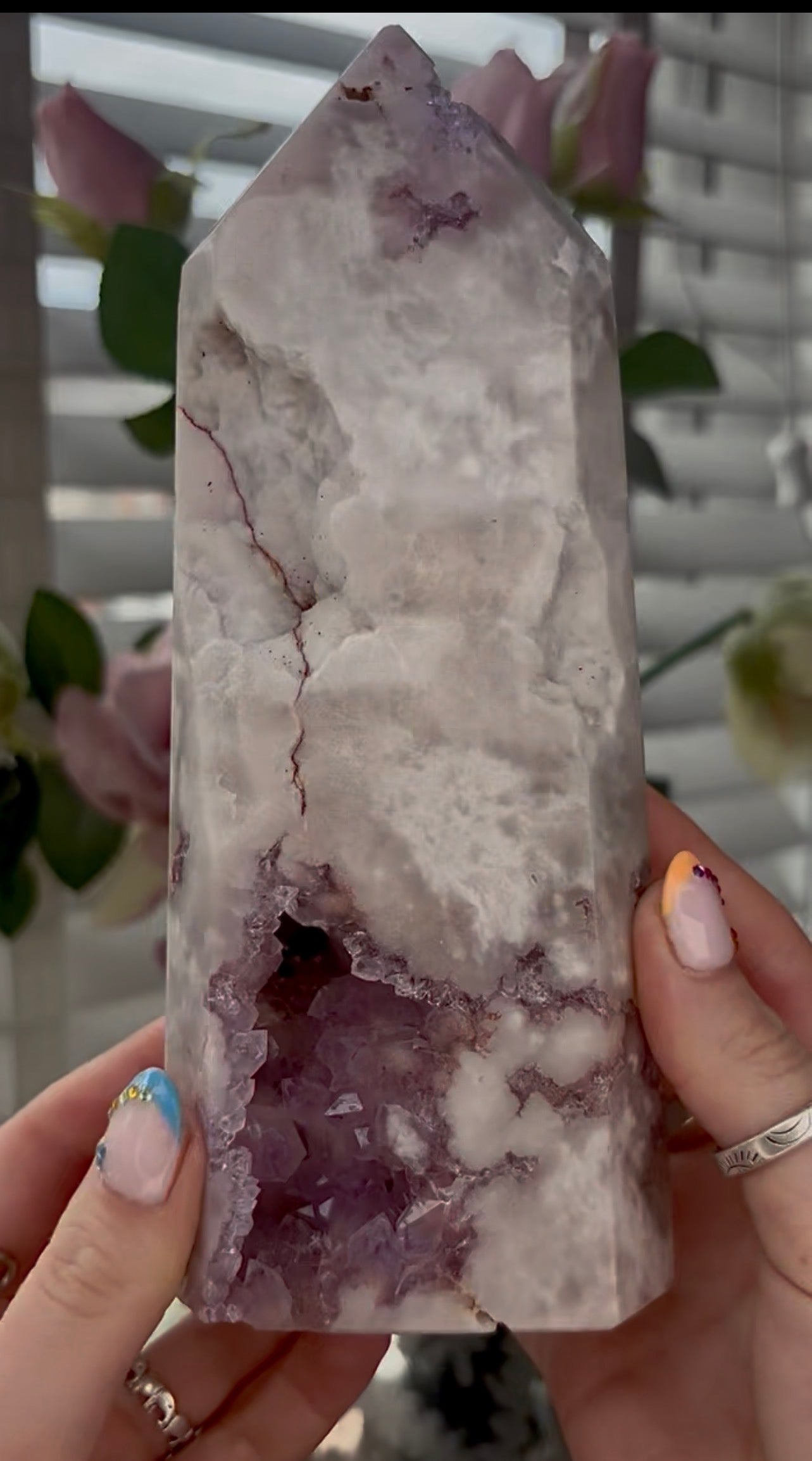 Huge, High quality, Pink amethyst tower, with purple quartz druzy
