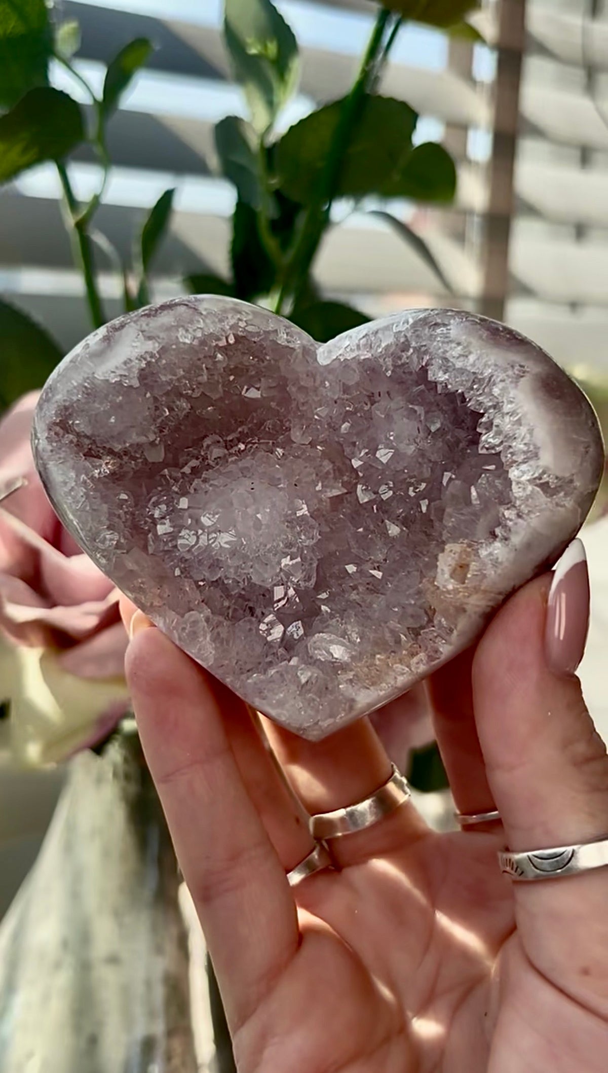 Gorgeous, pink amethyst heart- comes with stand
