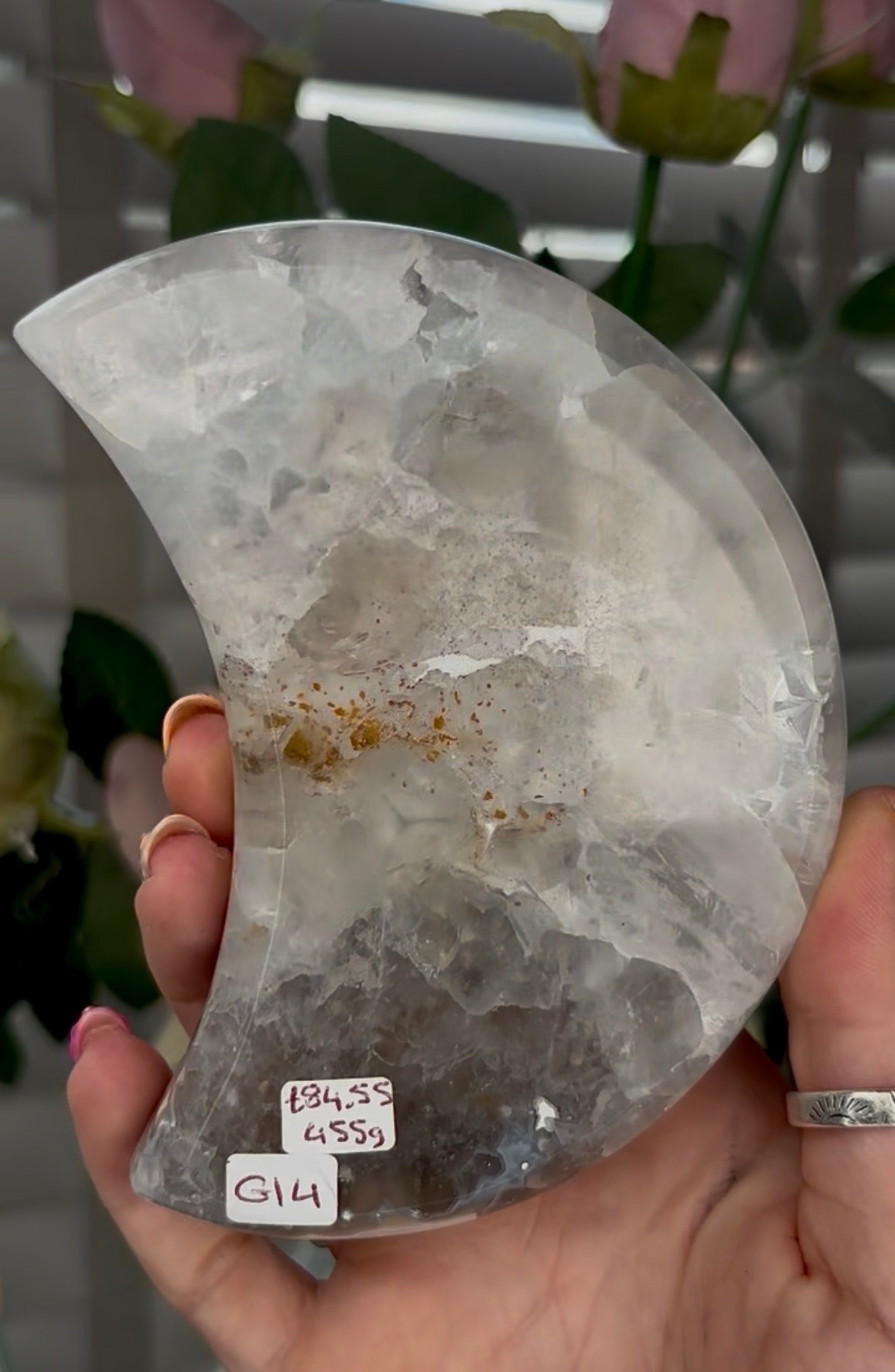 Beautiful, high quality, agate moon with druzy - stand included