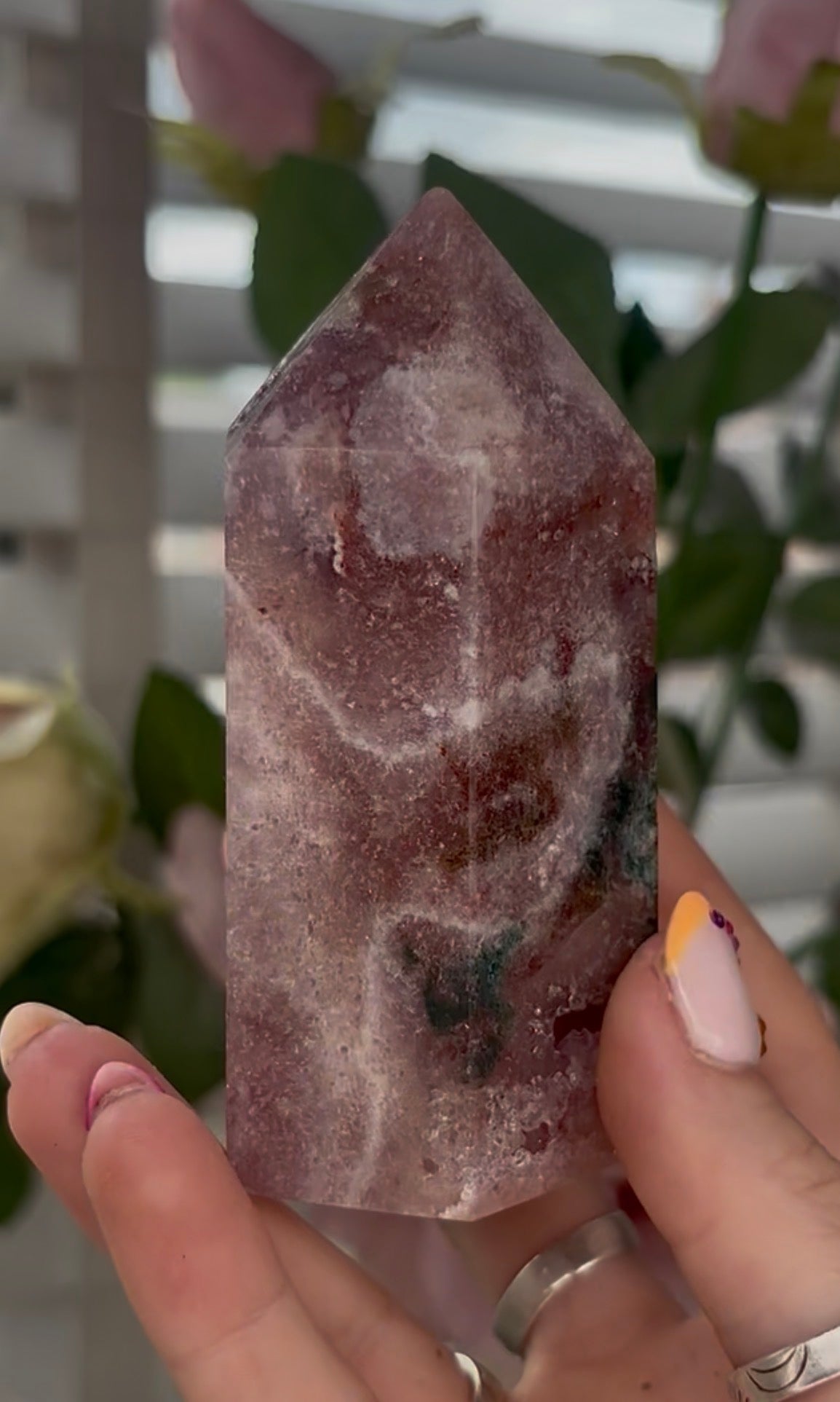 Pretty, Pink amethyst tower, with Green jasper