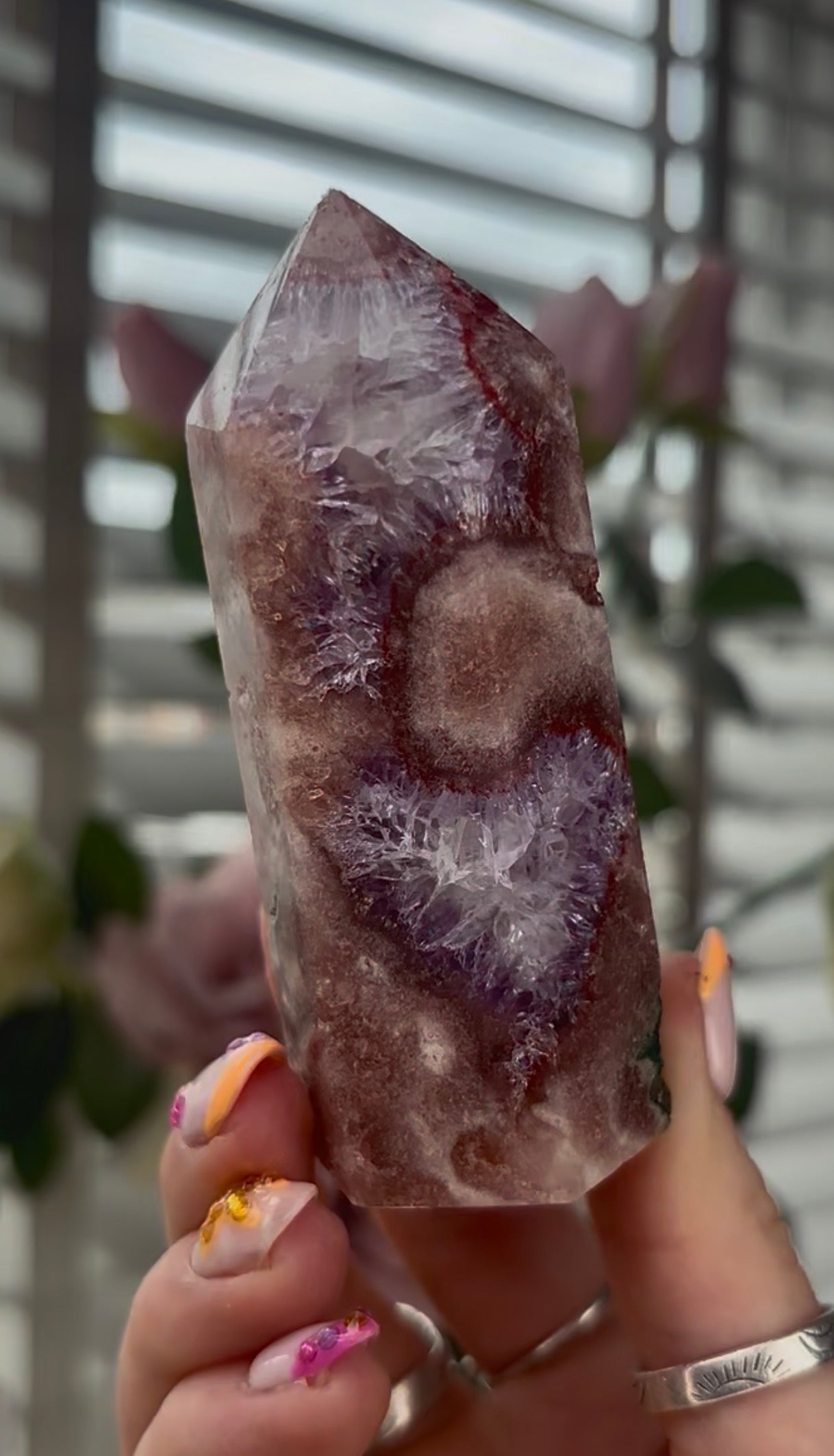 High quality, Pink amethyst tower, with quartz & Green jasper