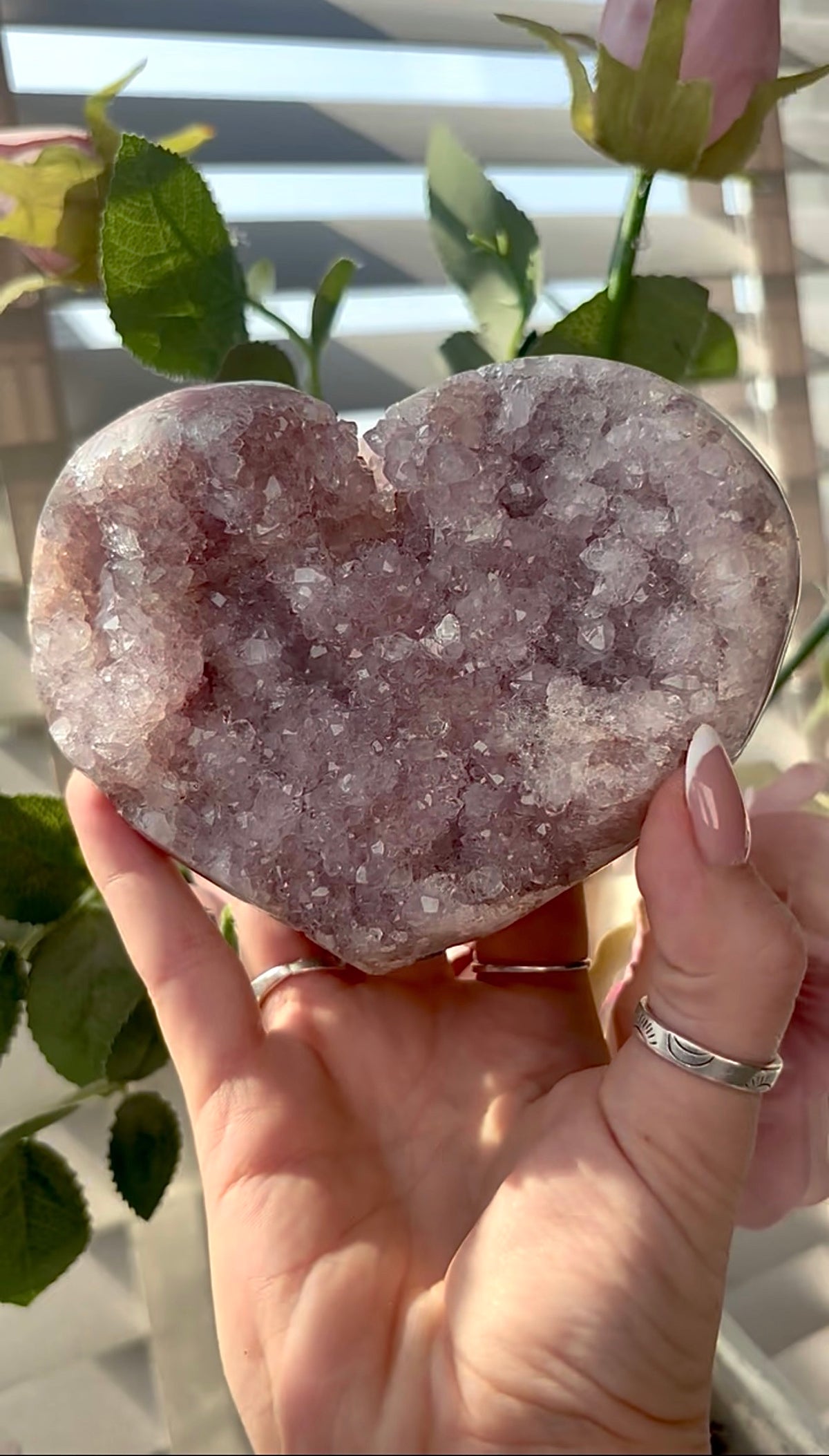 Gorgeous, hq, druzy pink amethyst heart- comes with stand