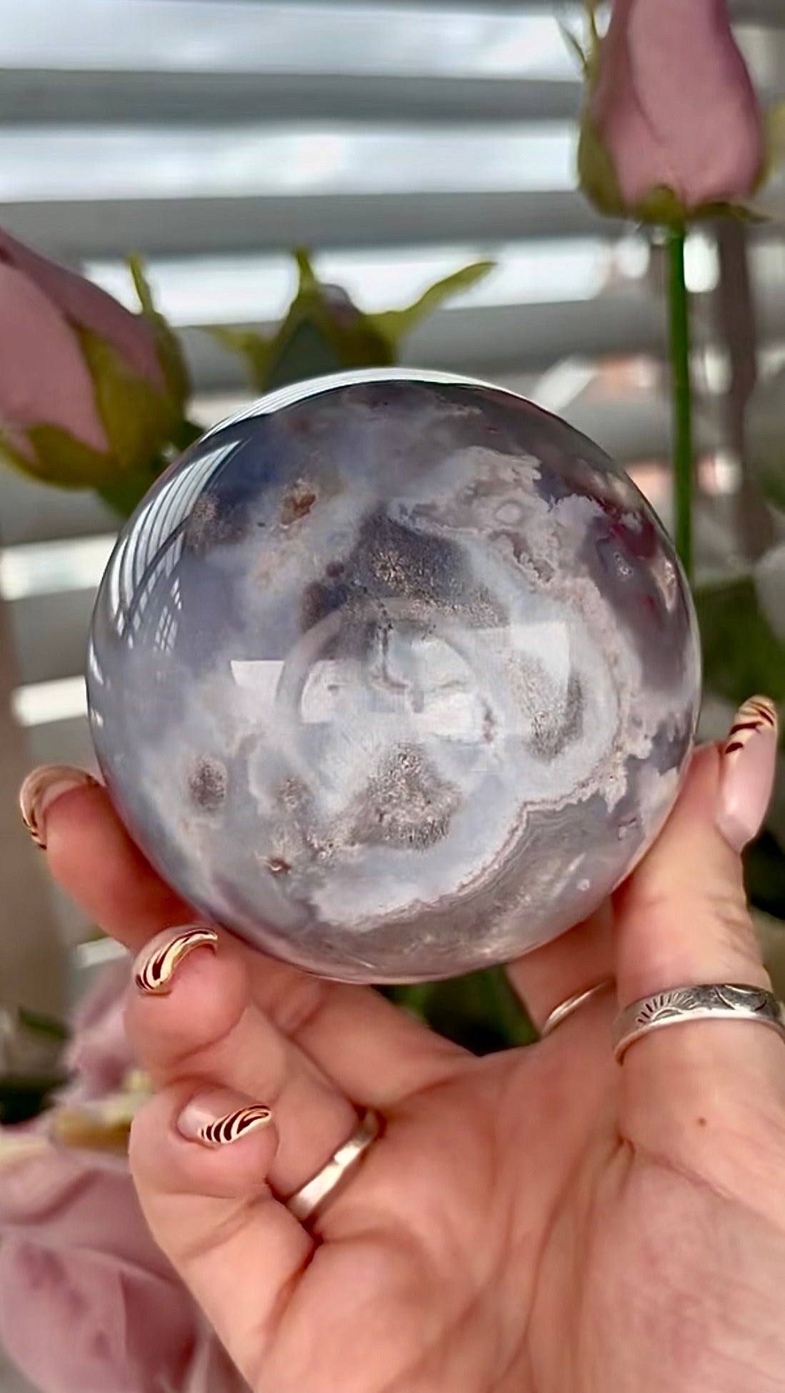 Stunning!! Super high quality, Druzy, green chlorite x blue flower agate sphere
