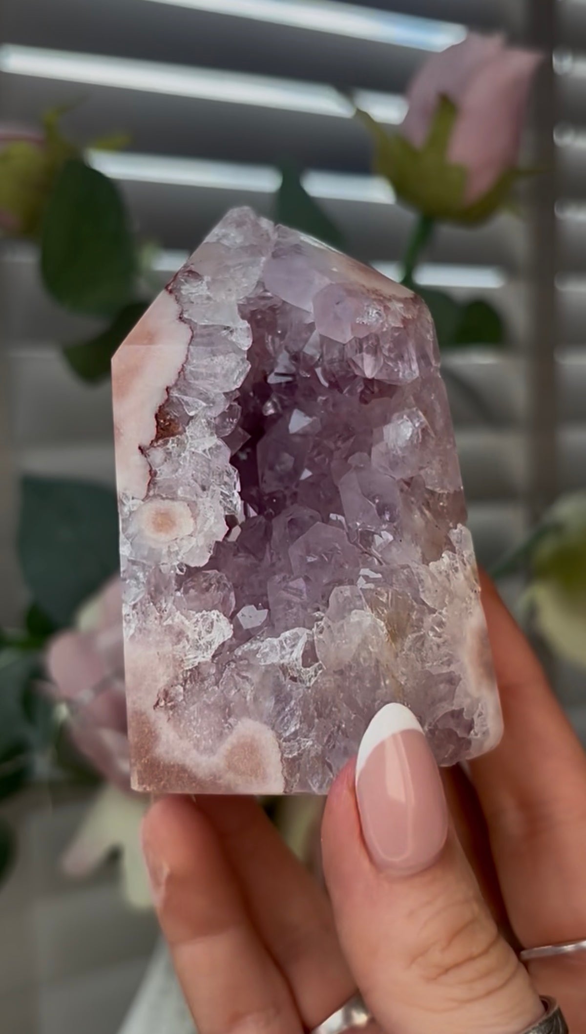 Beautiful, high quality, Pink amethyst tower with quartz 8.5cm(h) by 5.5cm(w)