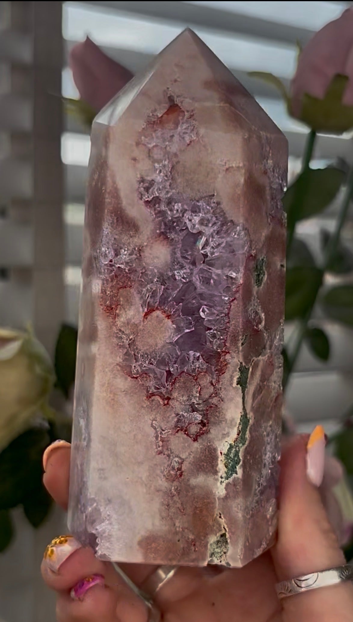 Pretty, Pink amethyst tower, with purple quartz druzy