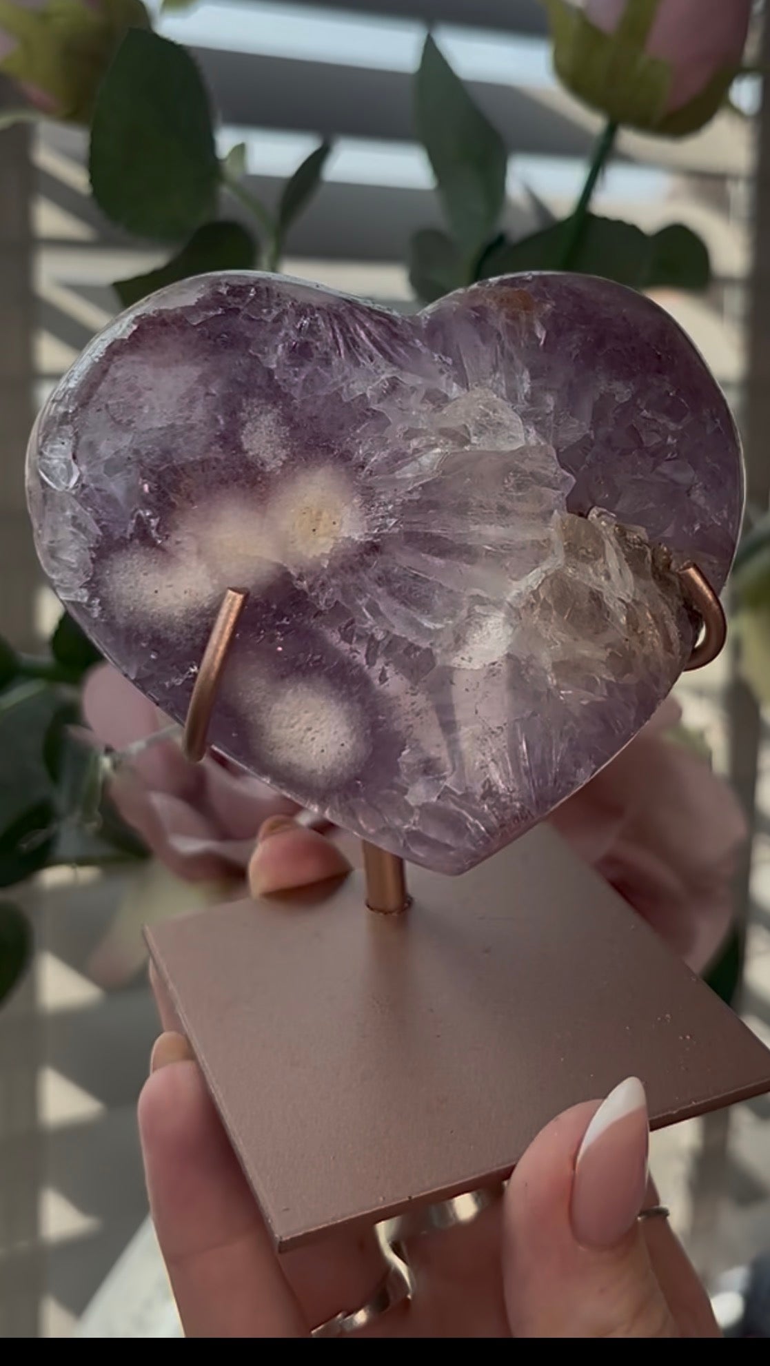 Gorgeous, high quality, pink amethyst heart with purple quartz - comes with stand