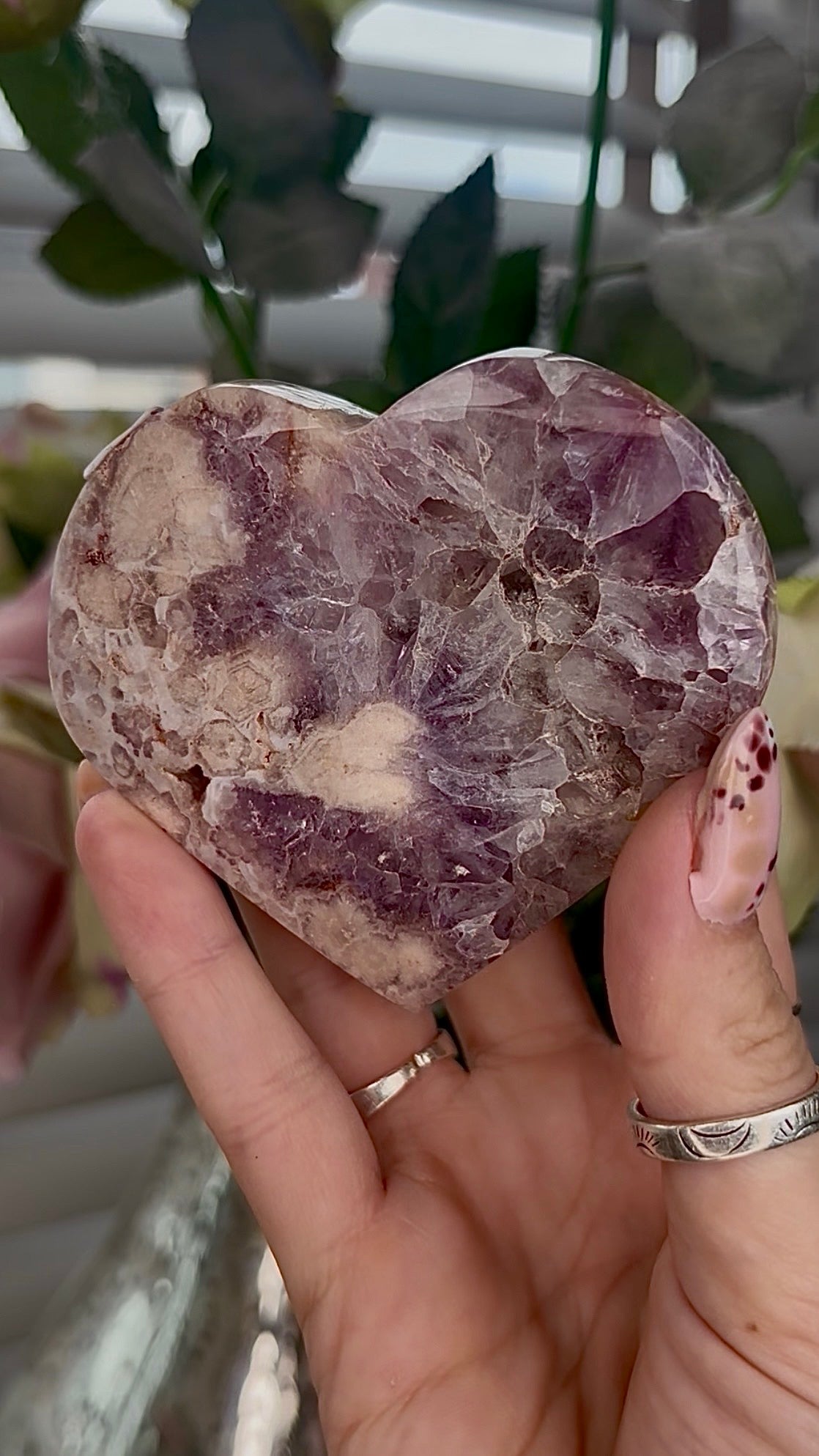 High grade, Amethyst Flower agate heart with stand