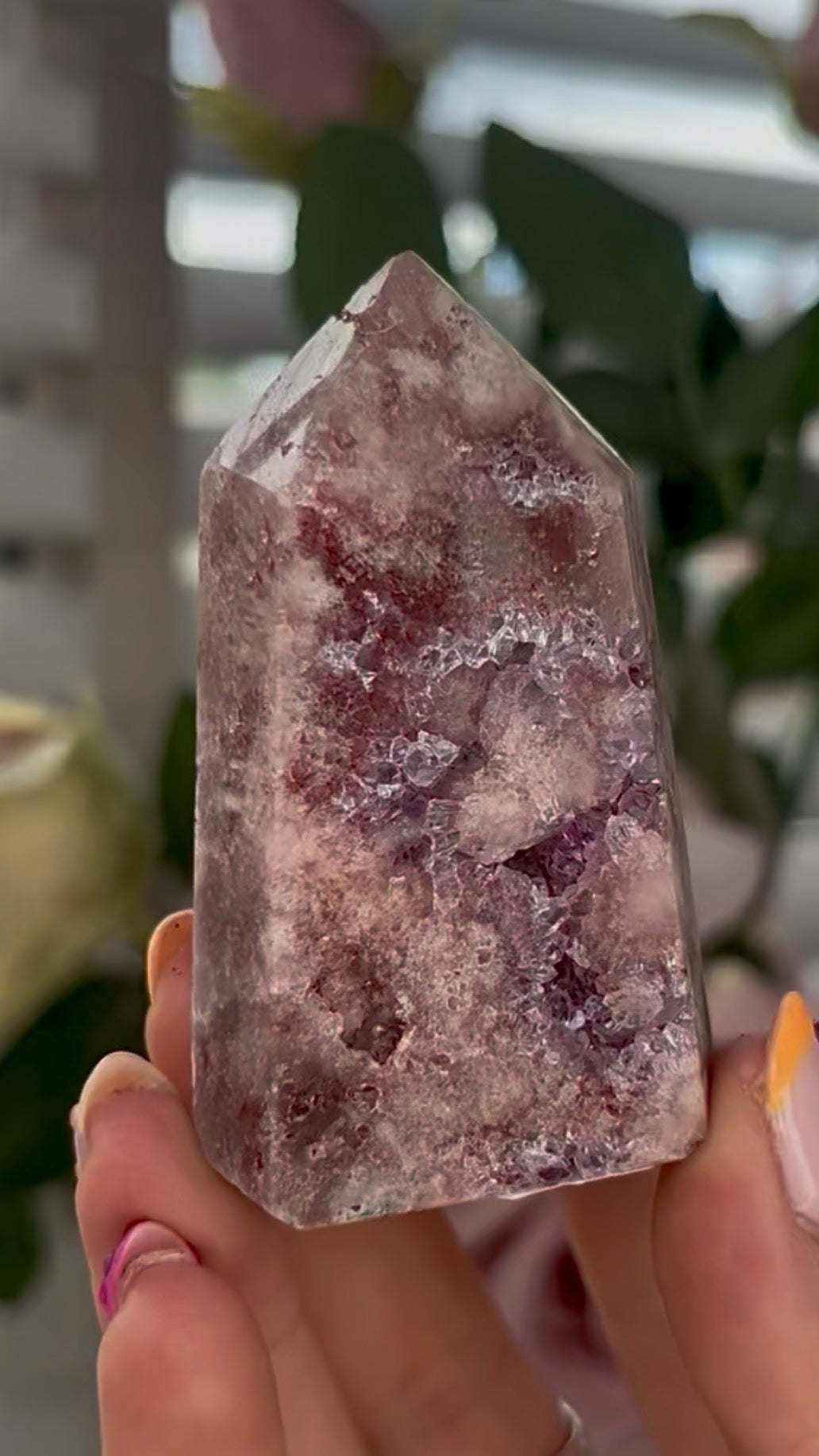 Pretty, high quality, Pink amethyst tower, with lilac quartz druzy