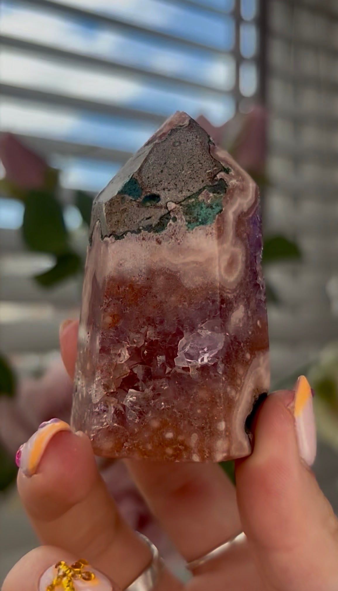 Beautiful, high quality, Pink amethyst tower with purple druzy & green jasper 6.8cm by 4cm