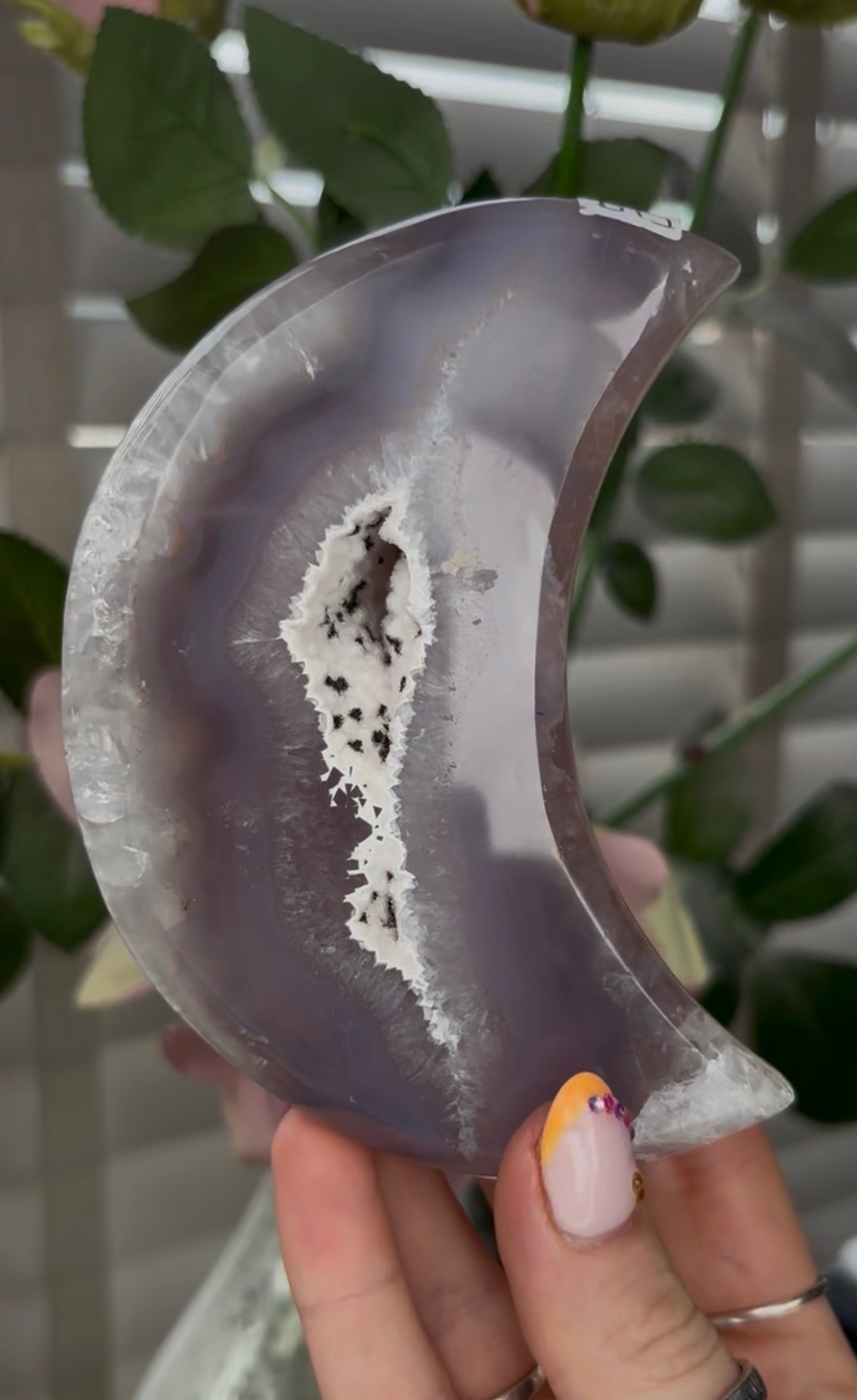 Beautiful, high grade, agate moon with druzy - comes with stand