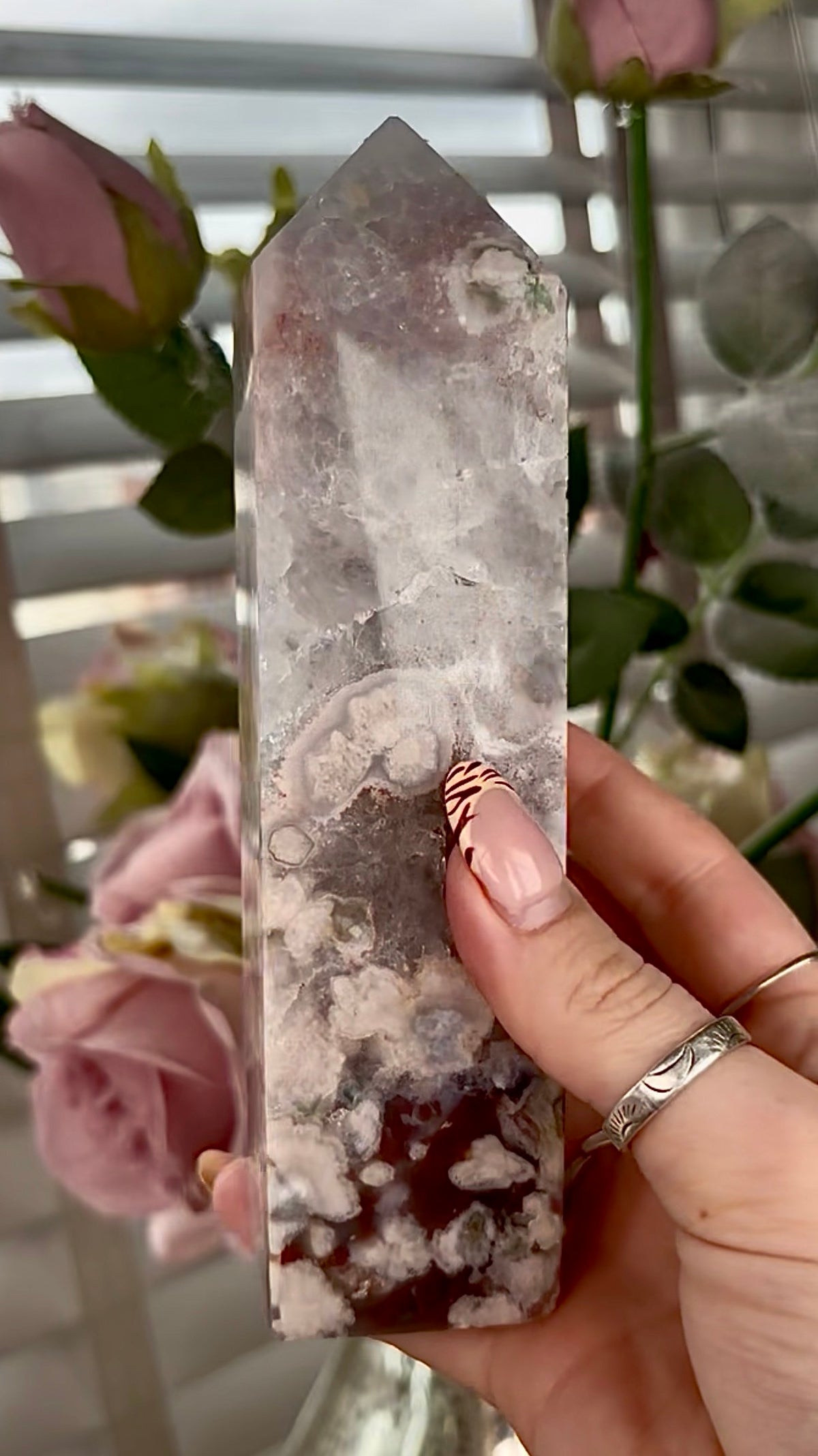 Stunning!! Super high quality, Druzy, green chlorite x blue flower agate tower