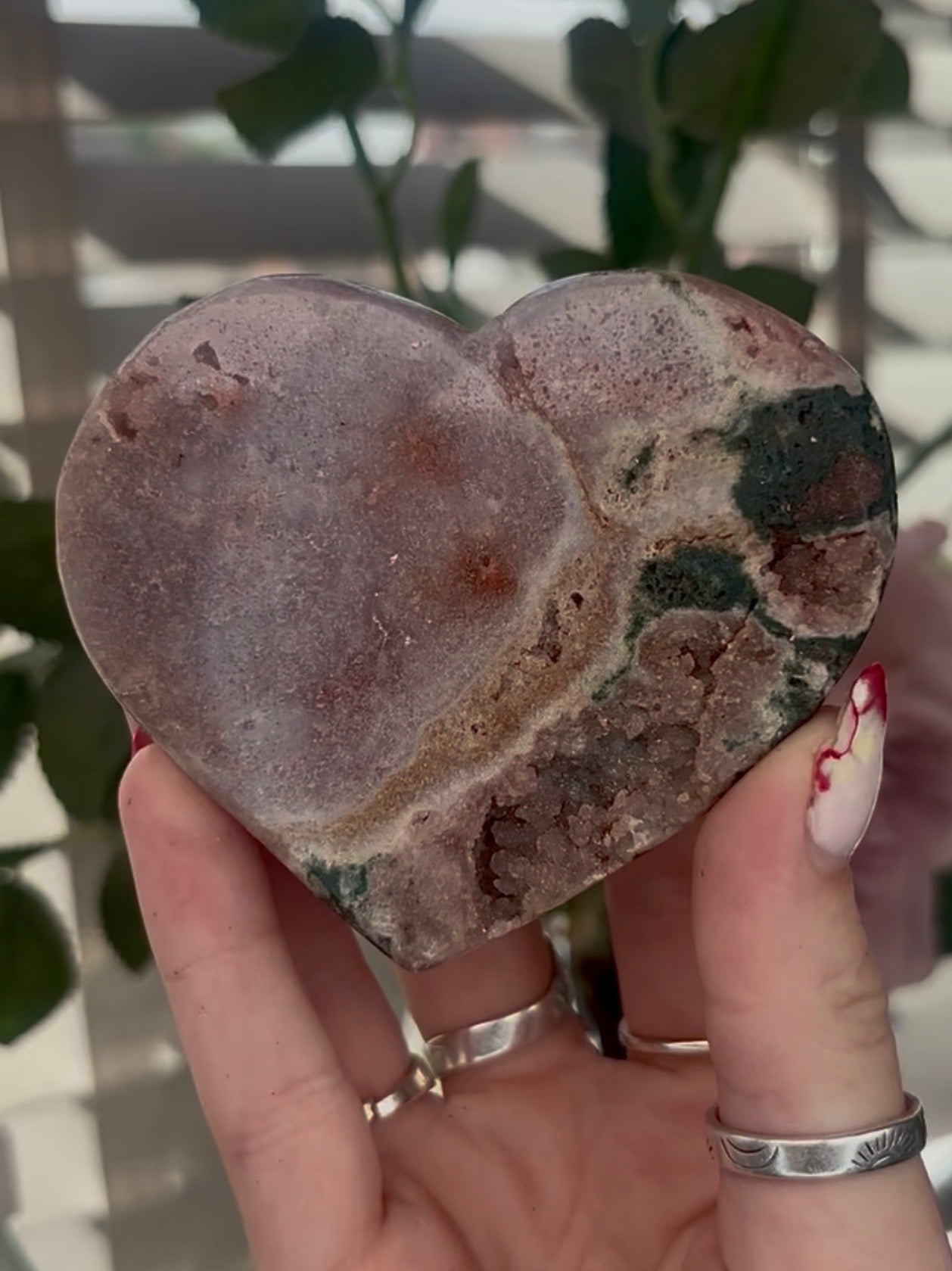 pink amethyst heart with jasper - comes with stand