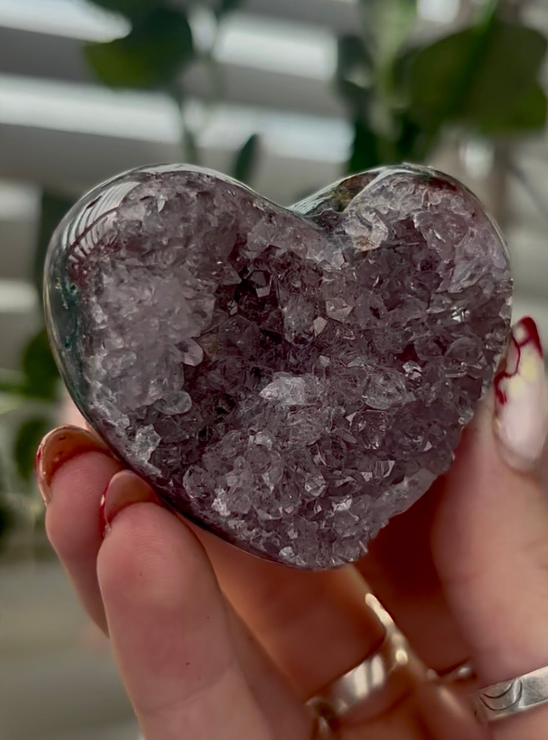 Mini, chunky, double sided, pink amethyst heart with purple quartz and jasper - comes with stand