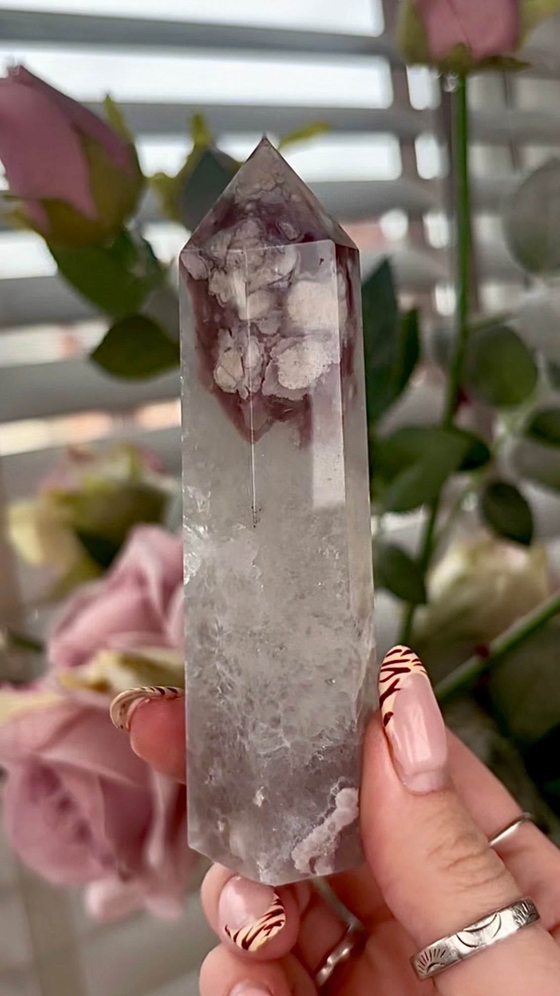 Stunning!! Super high quality, Druzy, green chlorite x blue flower agate tower