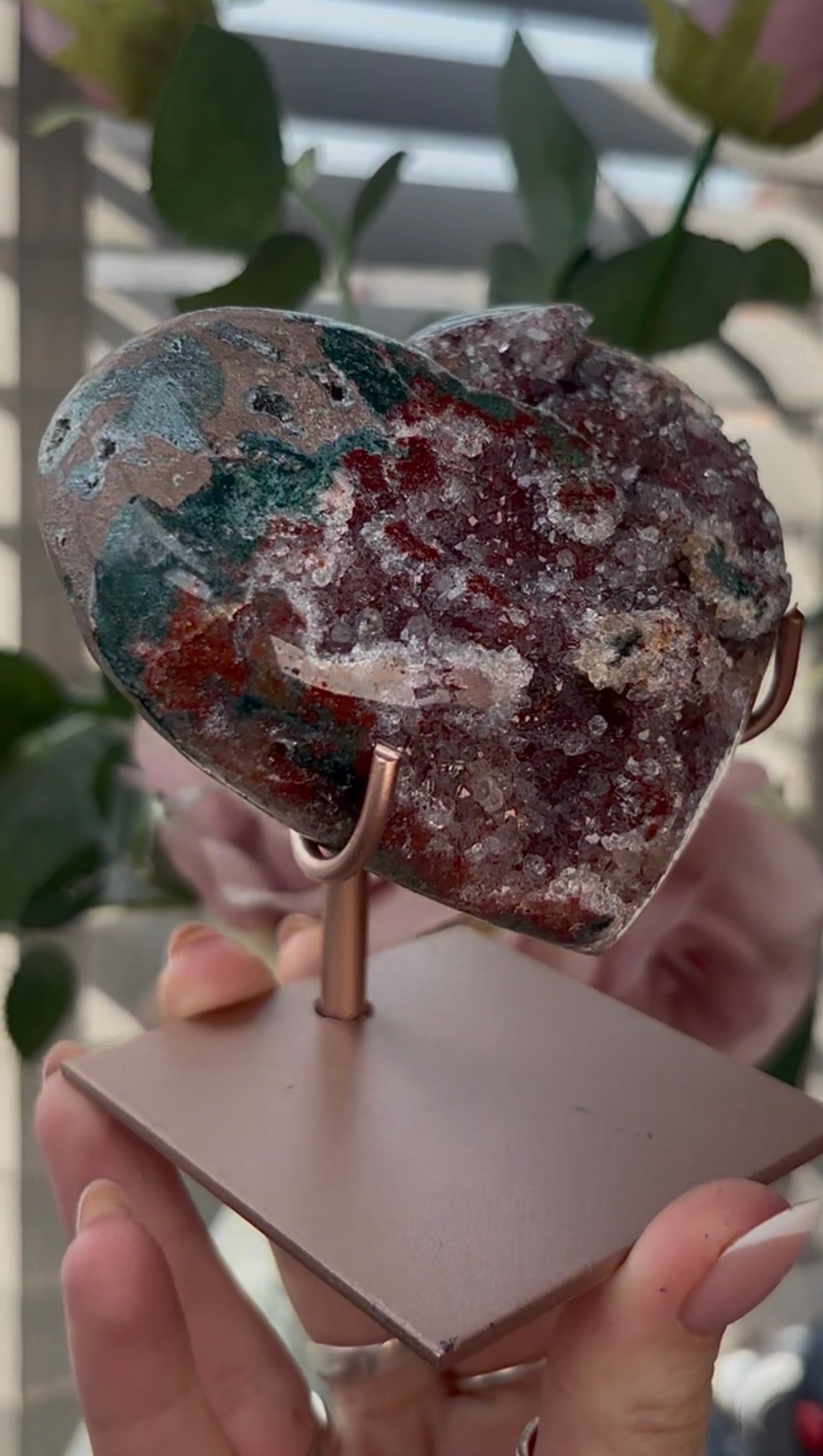 Gorgeous, high quality, pink amethyst heart with Jasper - comes with stand