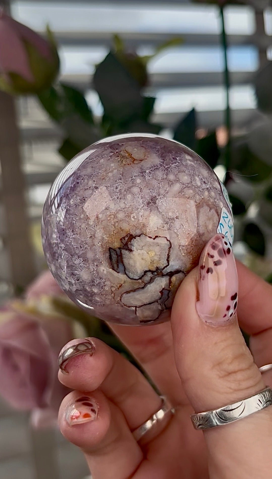 High grade, amethyst Flower agate sphere with druzy quartz- 5.5cm
