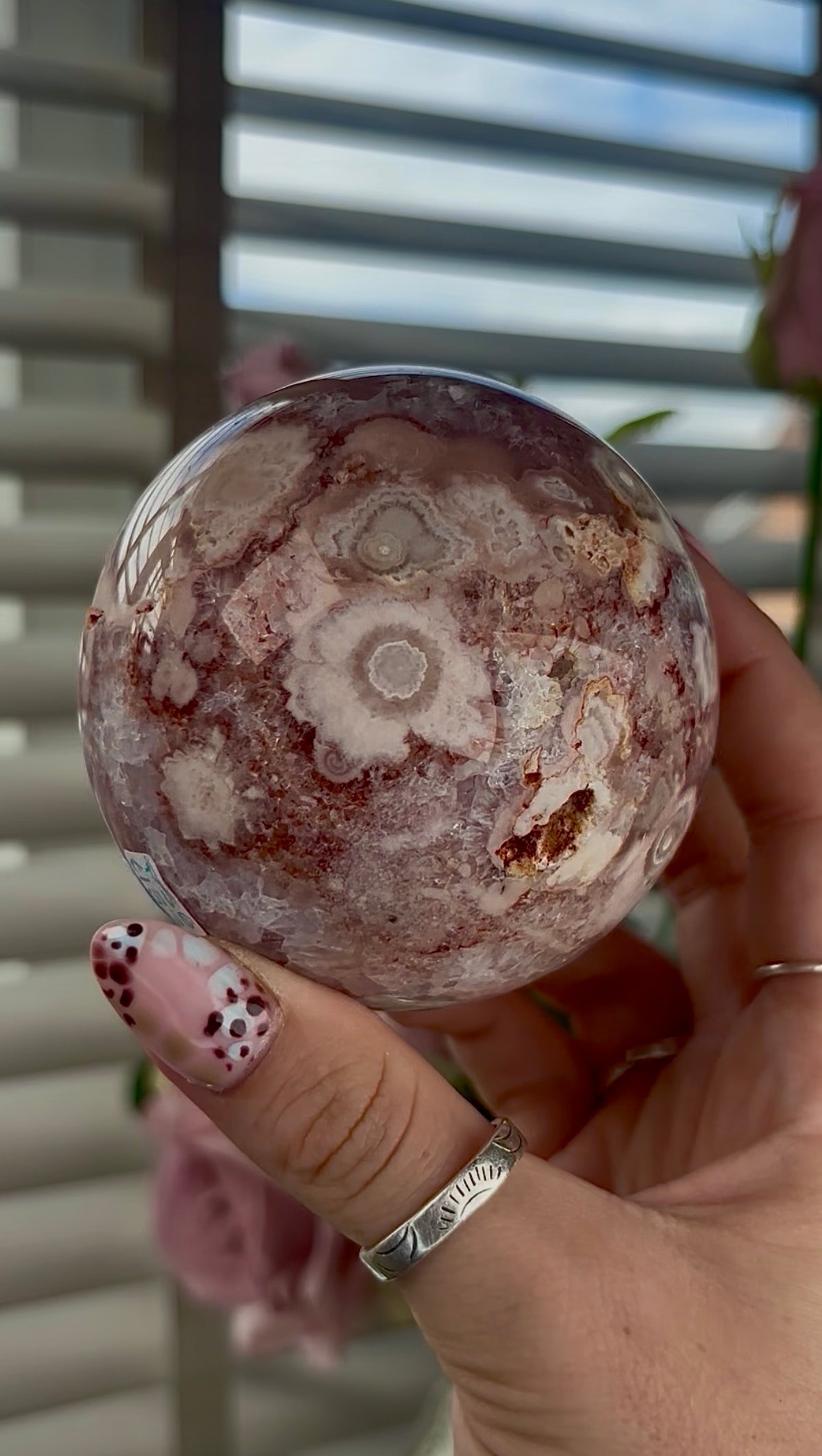 High grade, amethyst Flower agate sphere with high clarity quartz 8cm