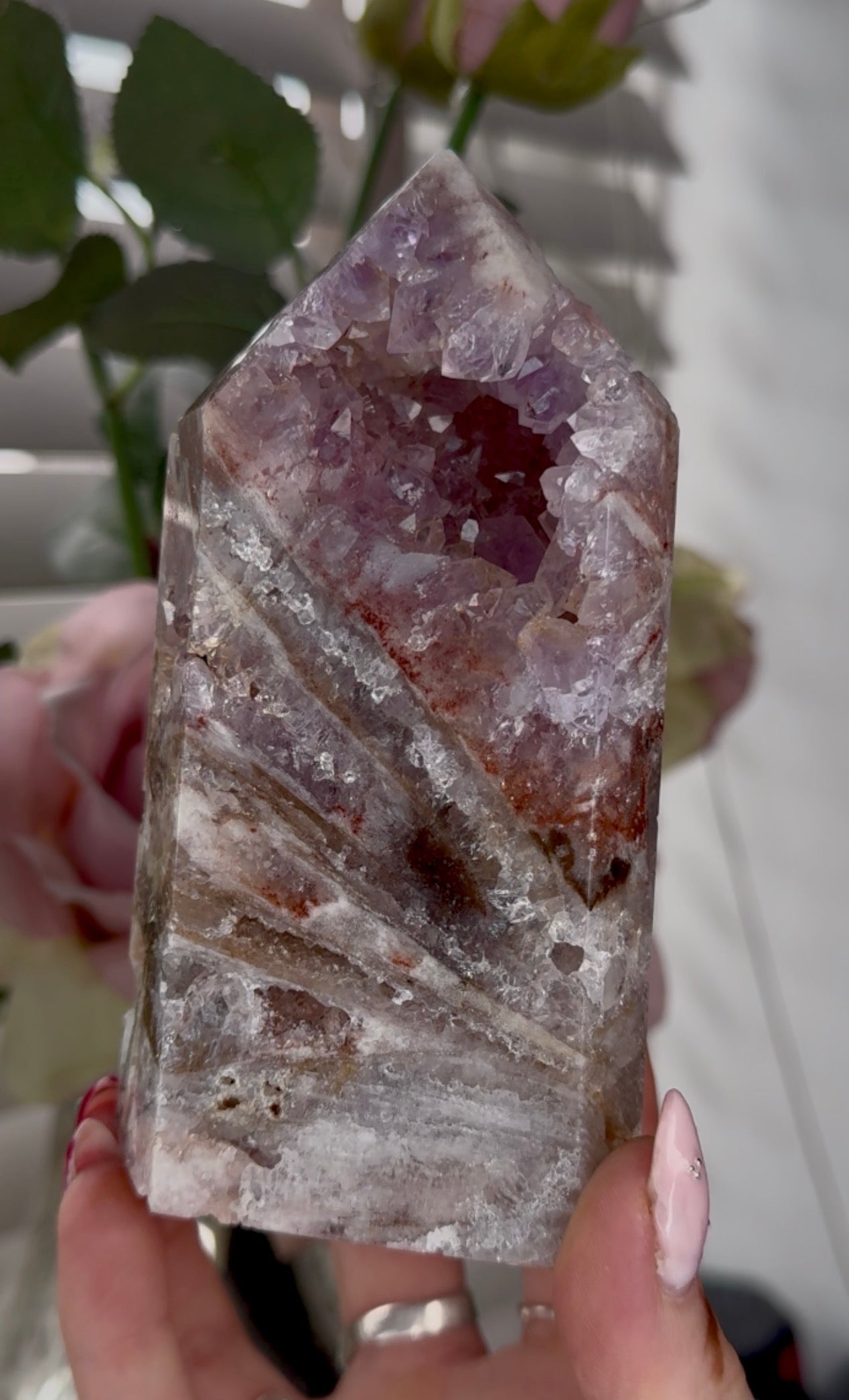 High quality Pink amethyst tower with agate, jasper & rutile 13cm(h) 7cm(w)