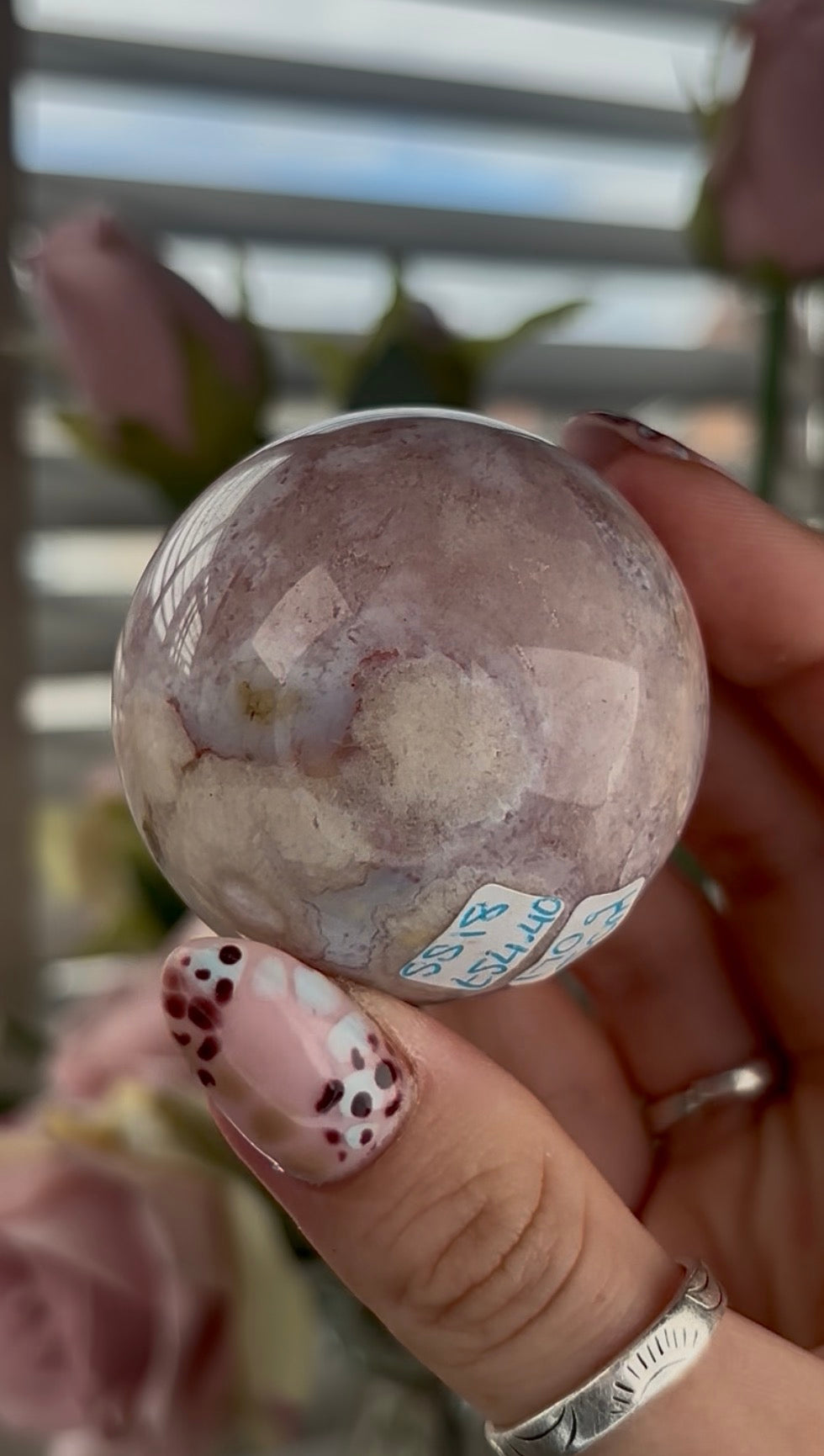High grade, amethyst Flower agate sphere with high clarity quartz - 5cm