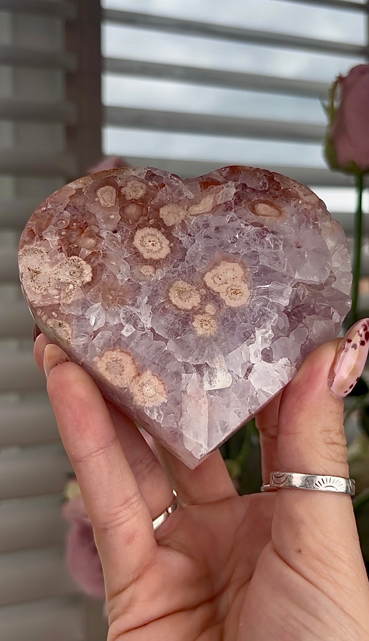 High grade, amethyst Flower agate heart with high clarity quartz