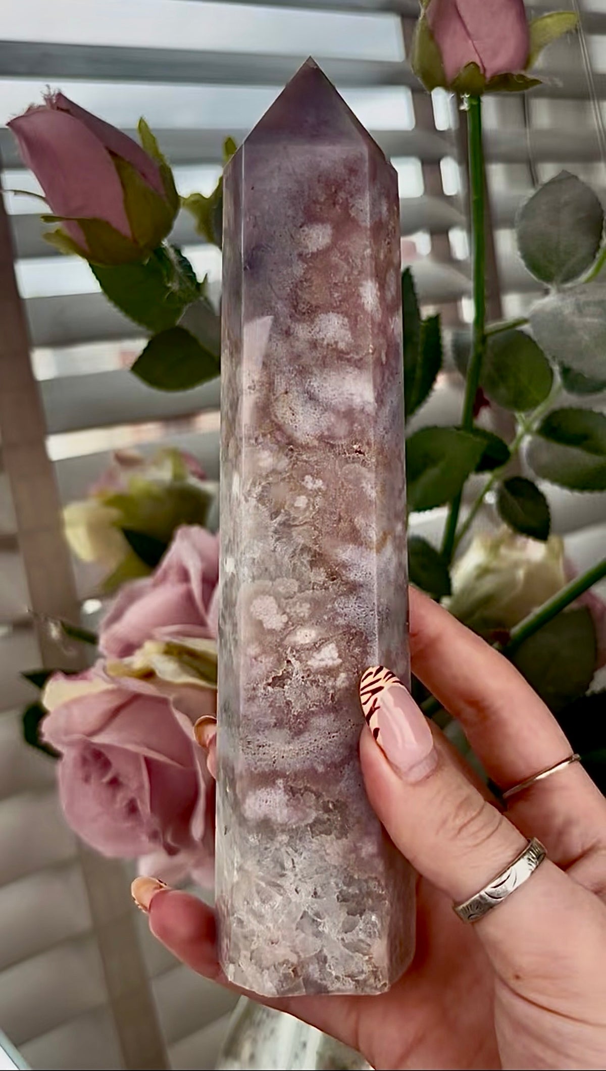 Stunning!! Super high quality, Druzy, green chlorite x blue flower agate tower