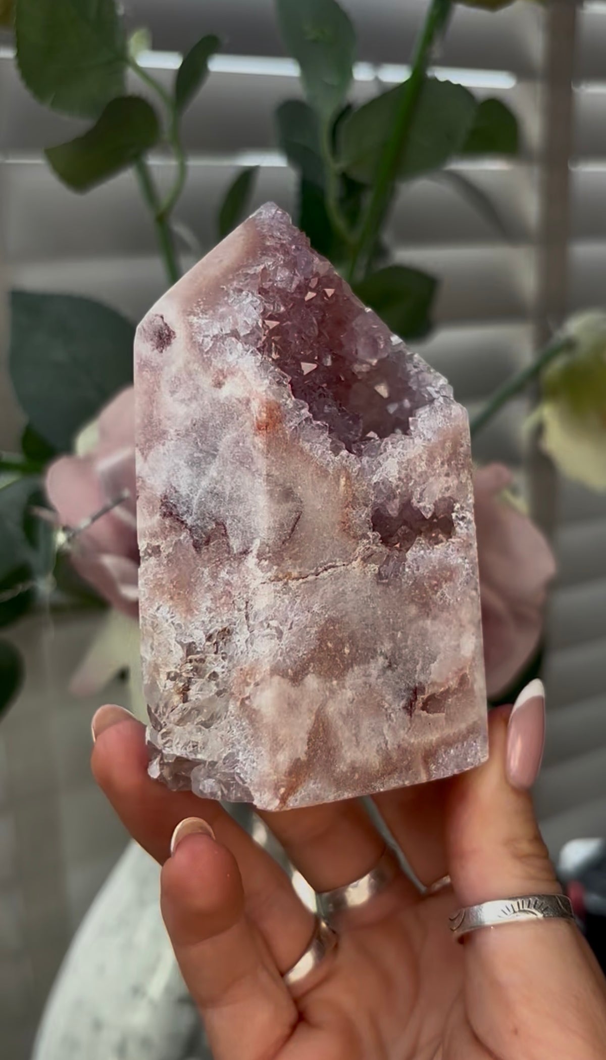 Beautiful, hq, druzy, Pink amethyst tower 10.3cm(h) by 6cm(w)