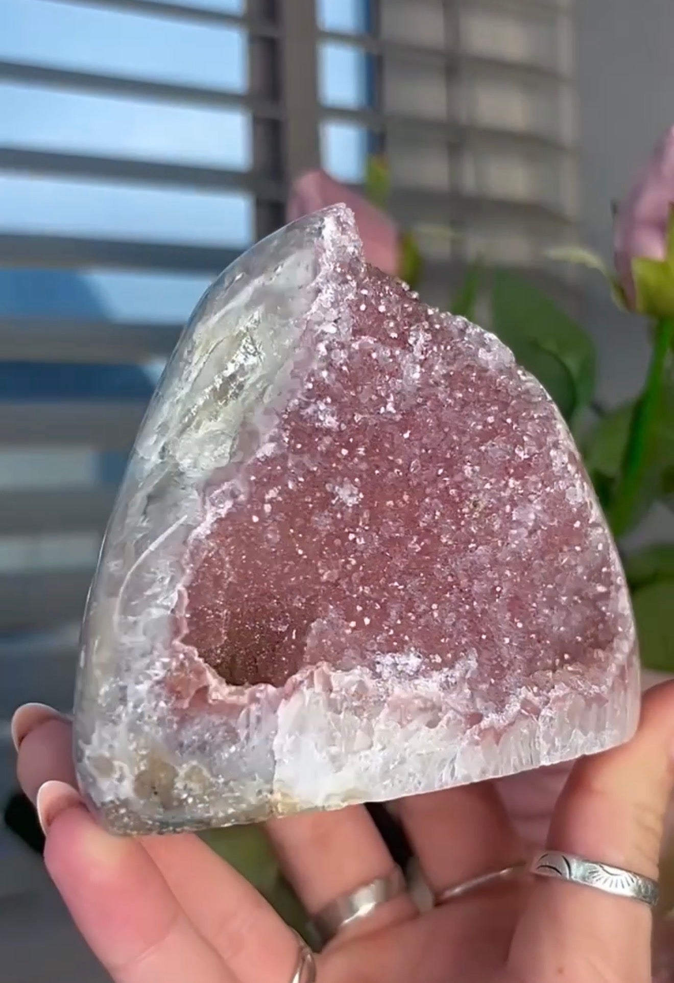 Pink Rainbow amethyst cutbase with a calcite base