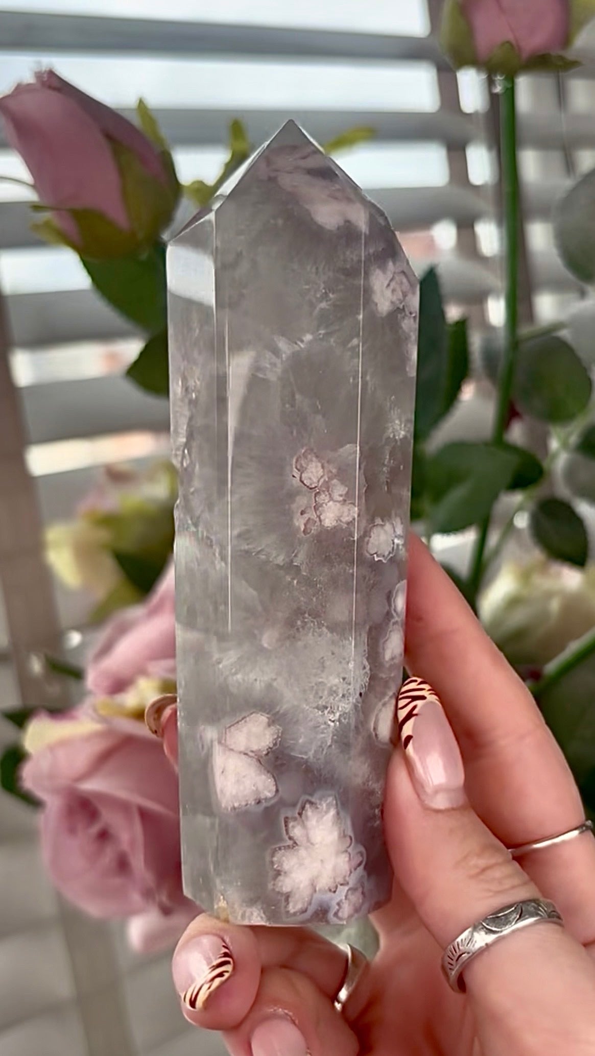Stunning!! Super high quality, Druzy, green chlorite x blue flower agate tower