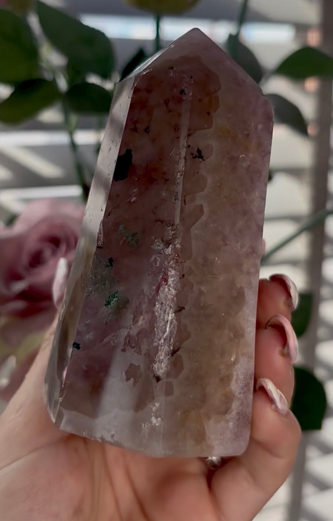 Beautiful, high quality, Pink amethyst tower in burnt orange/red tones with chewing gum druzy