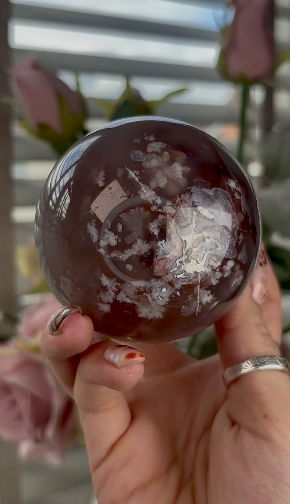 High grade, amethyst Flower agate sphere with high clarity quartz