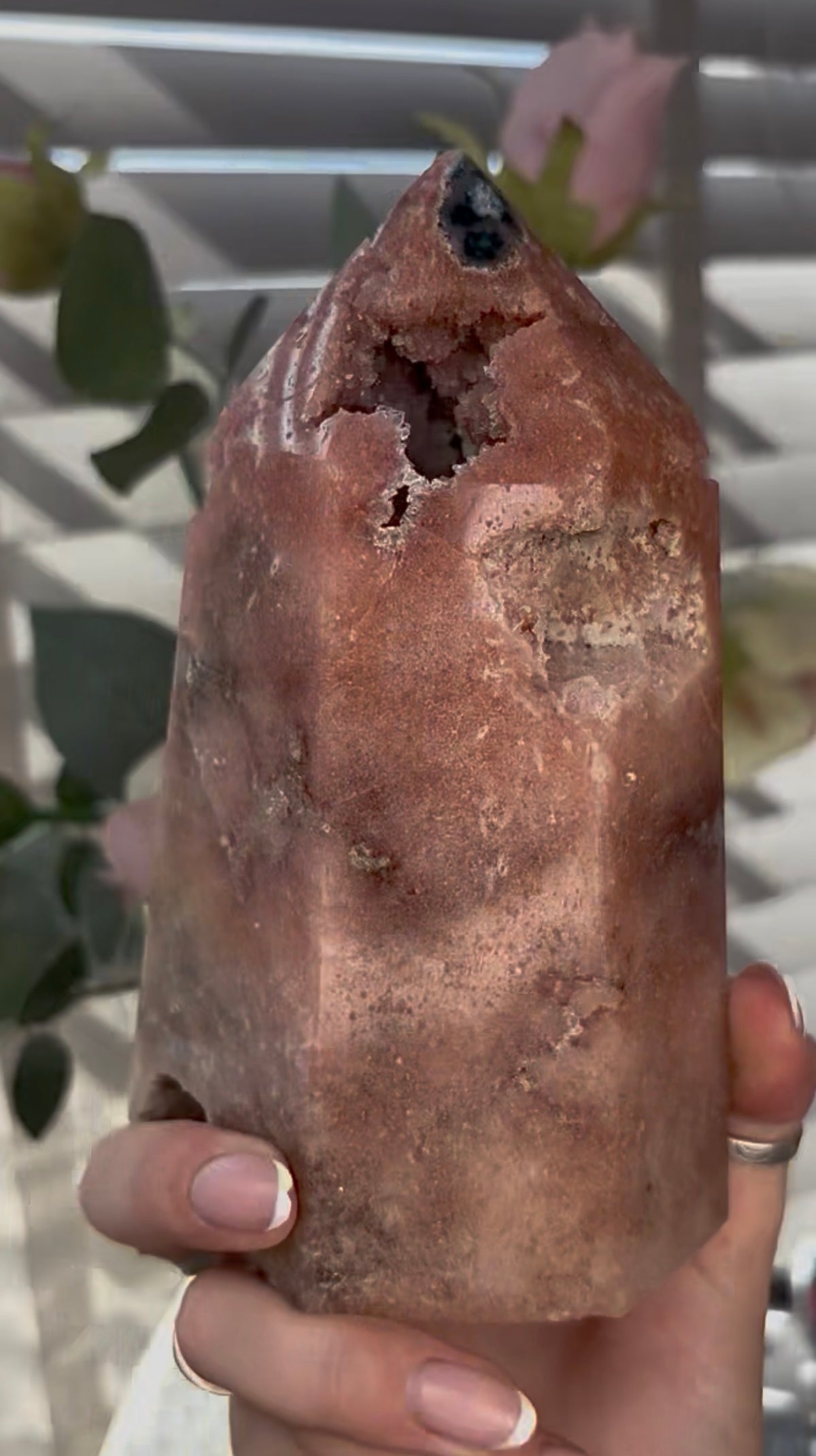 Beautiful, huge, chunky Pink amethyst tower with quartz teeth 16.5cm(h) by 9.4cm(w)