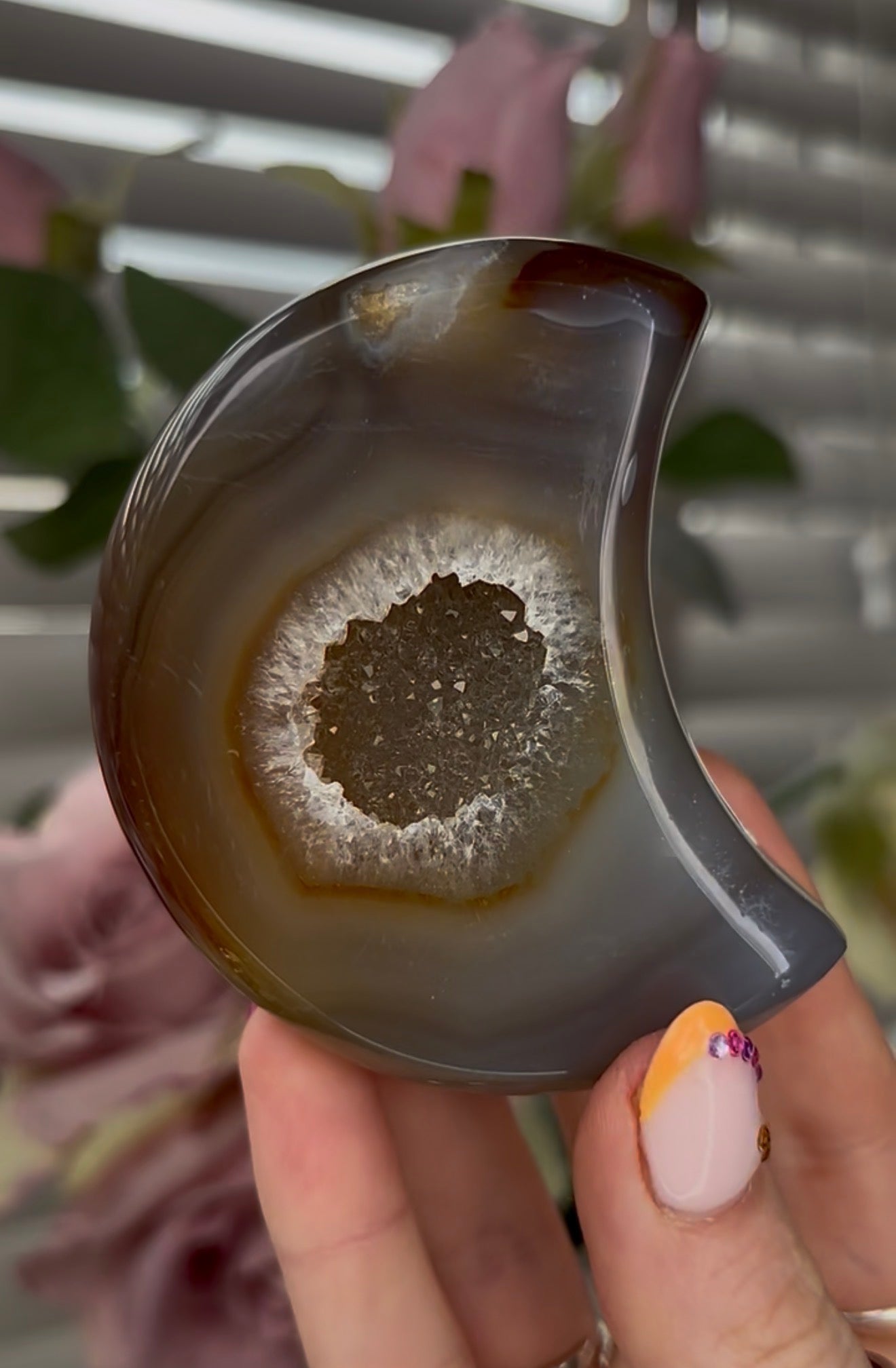 Beautiful, high grade, agate moon with druzy - comes with stand
