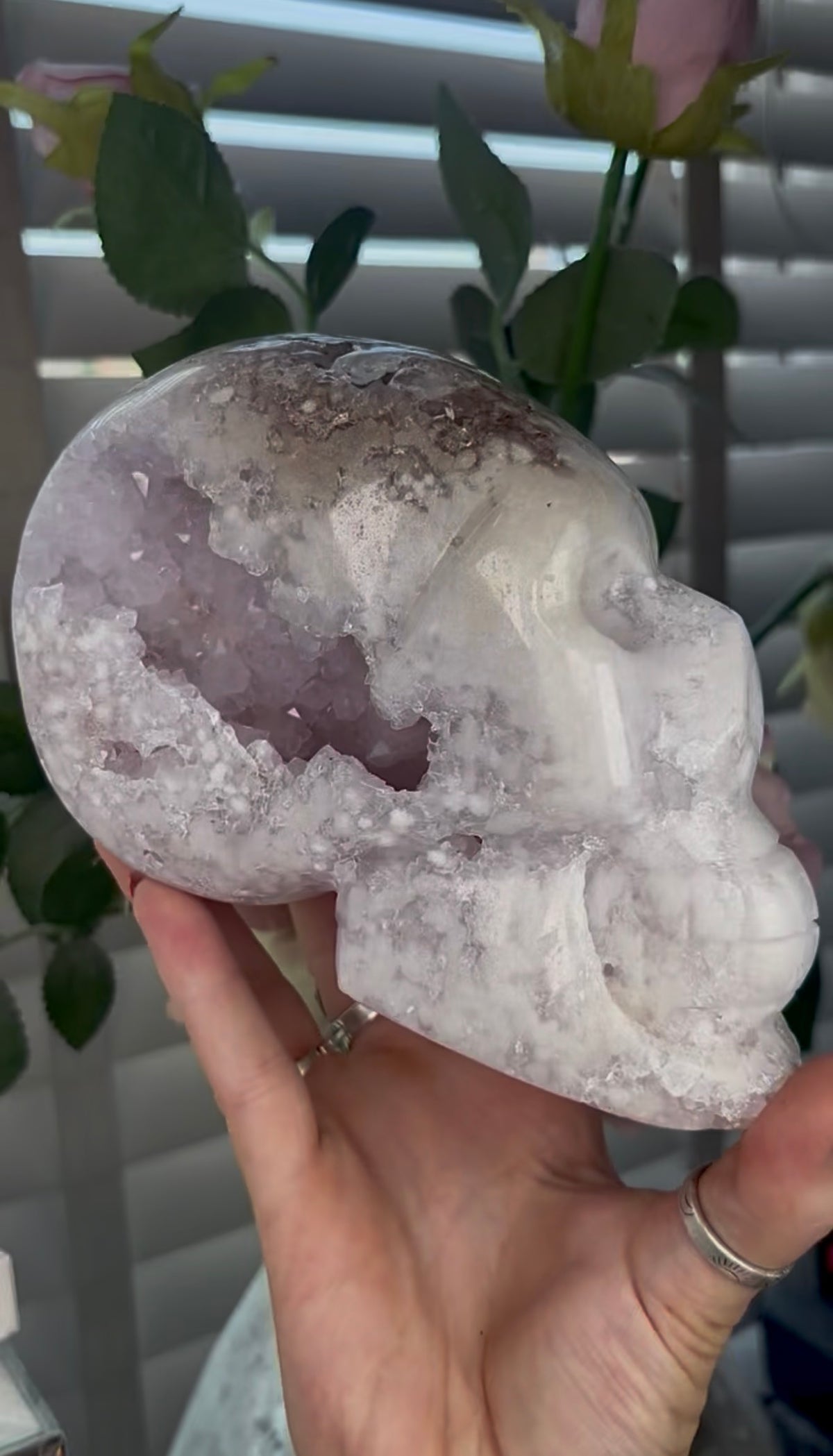High grade, pink amethyst skull carving with chunky druzy