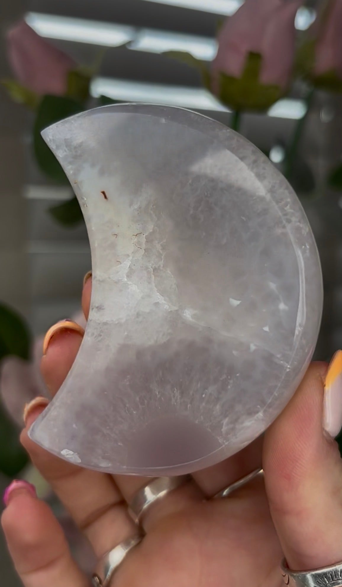 Beautiful, high grade, agate moon with druzy - comes with stand