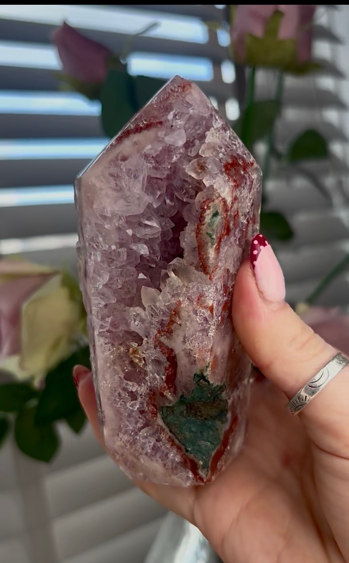 Pink amethyst tower with jasper and quartz