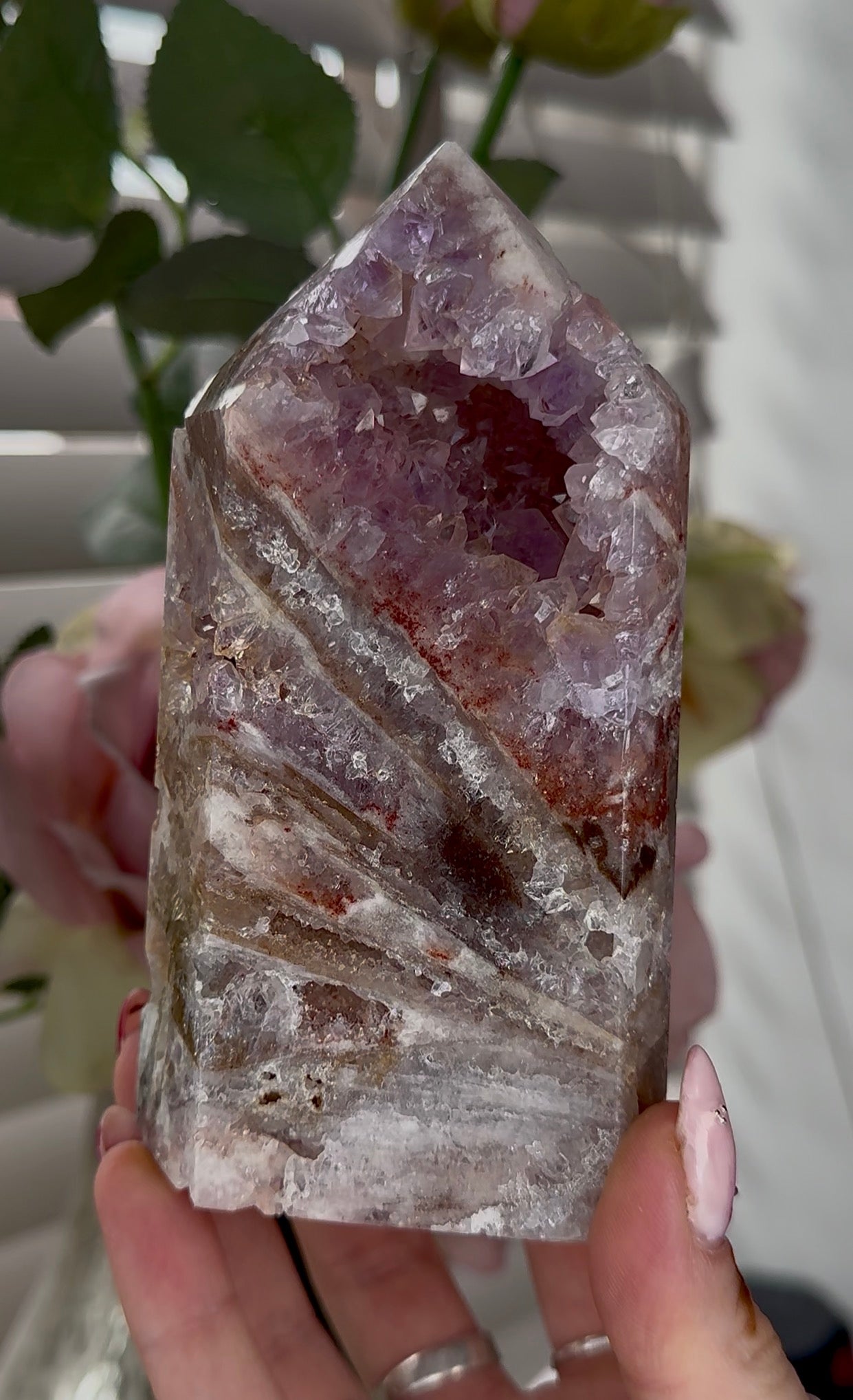 High quality Pink amethyst tower with agate, jasper & rutile 13cm(h) 7cm(w)