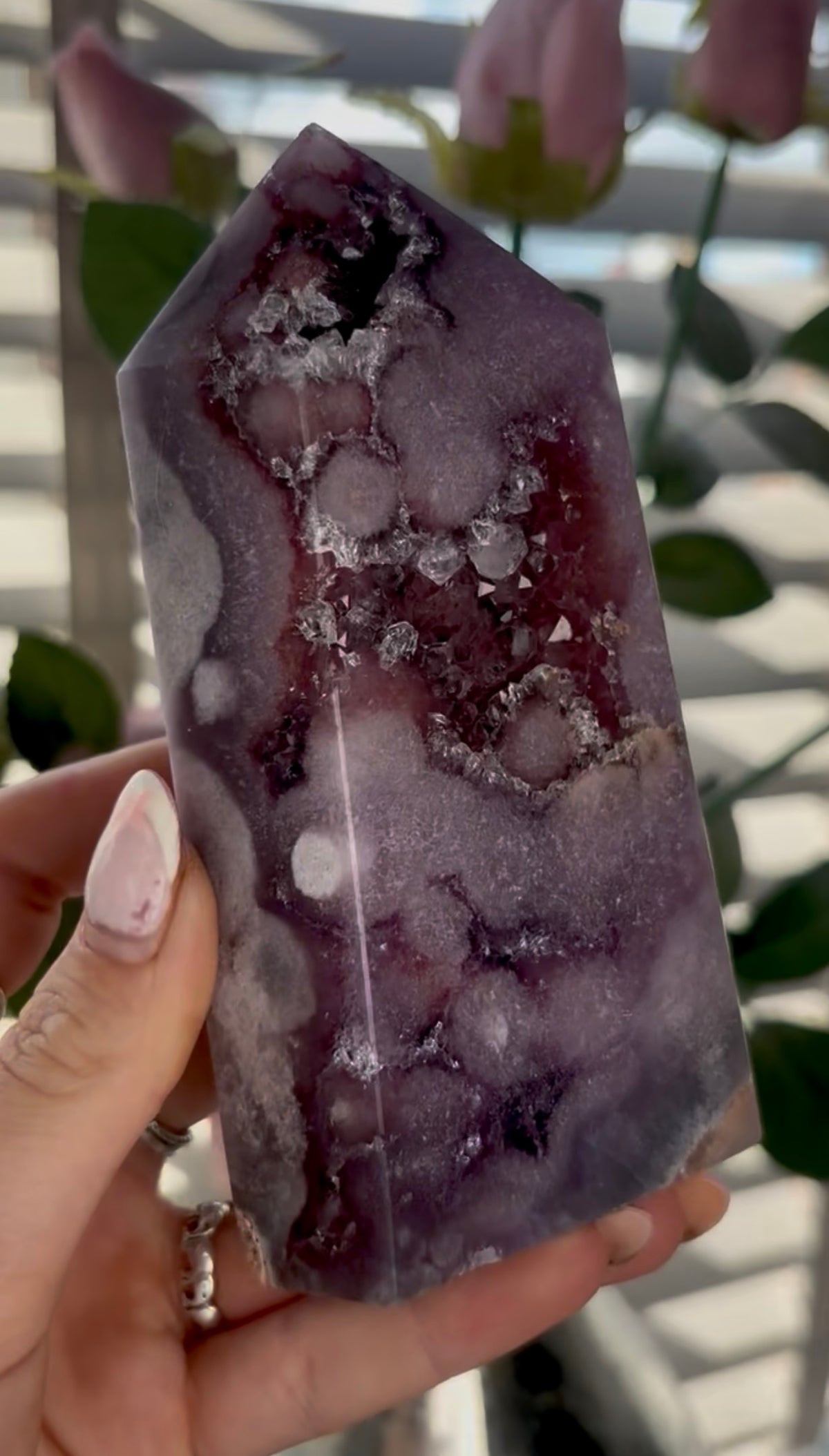 Beautiful, high quality, Pink amethyst tower in lilac tones with vibrant purple druzy